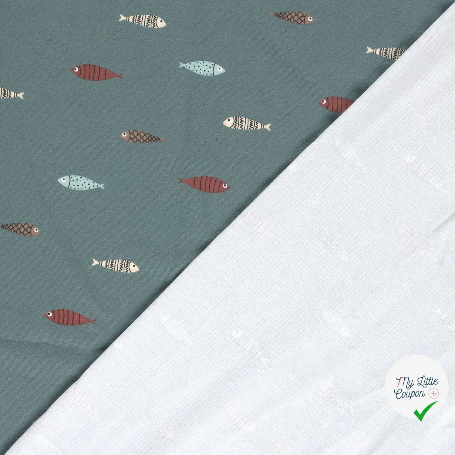 JERSEY DE COTON IMPRIMÉ POISSONS INDIGO - My Little Coupon