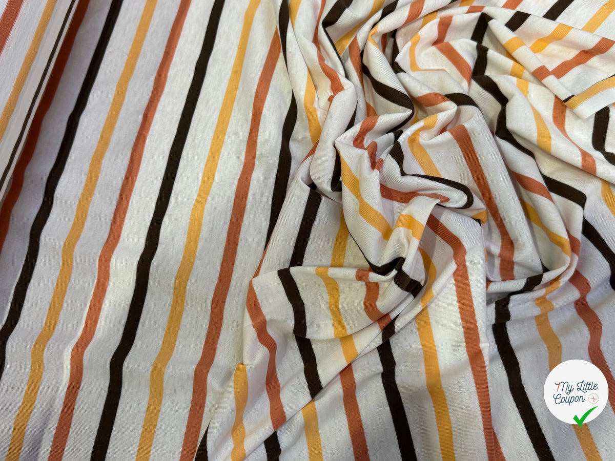 JERSEY DE COTON SUPER DOUX STRETCH RAYURES MULTICOLORES ORANGE JAUNE NOIR FABRICATION RÉGION DE TROYES 🇫🇷 - My Little Coupon