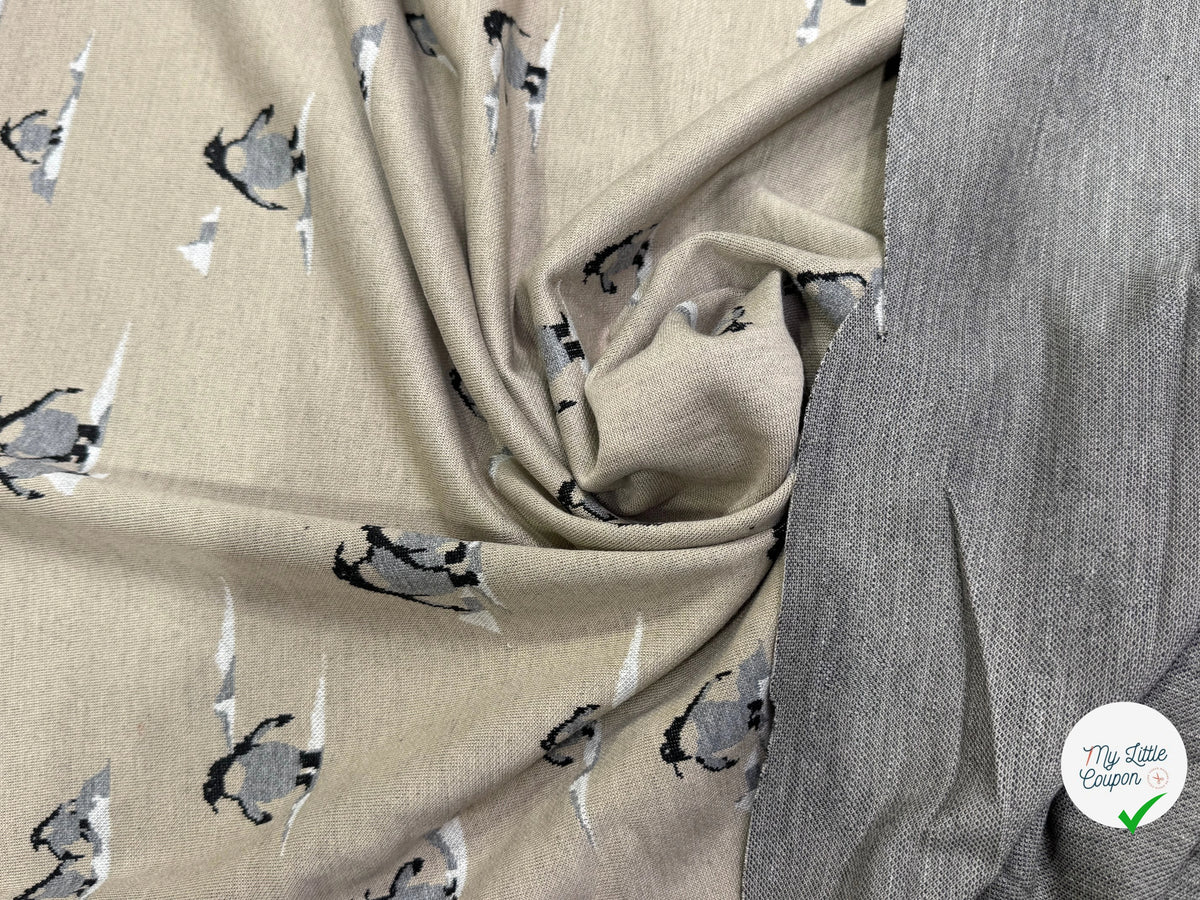 MAILLE DOUBLE FACE IMPRIMÉ PINGOUINS GRIS FOND BEIGE CRÈME - My Little Coupon