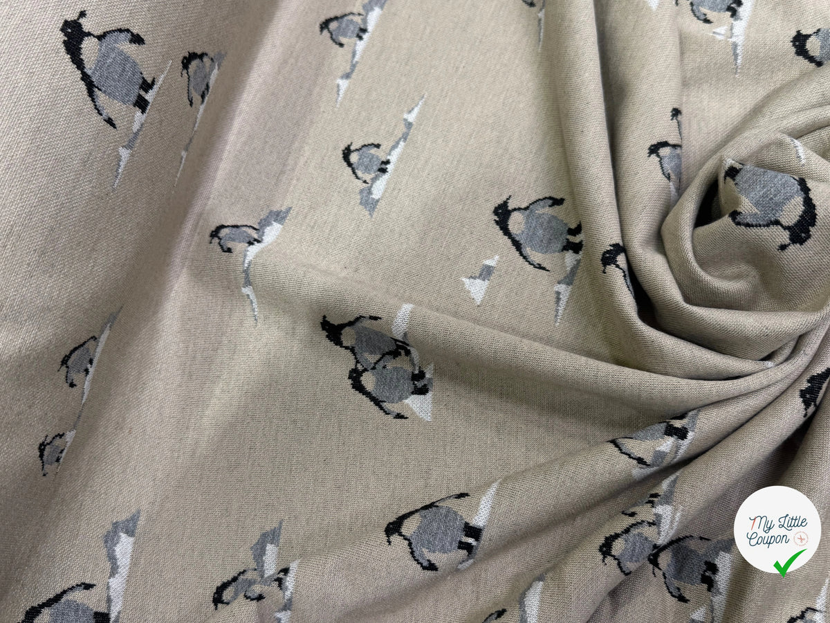 MAILLE DOUBLE FACE IMPRIMÉ PINGOUINS GRIS FOND BEIGE CRÈME - My Little Coupon