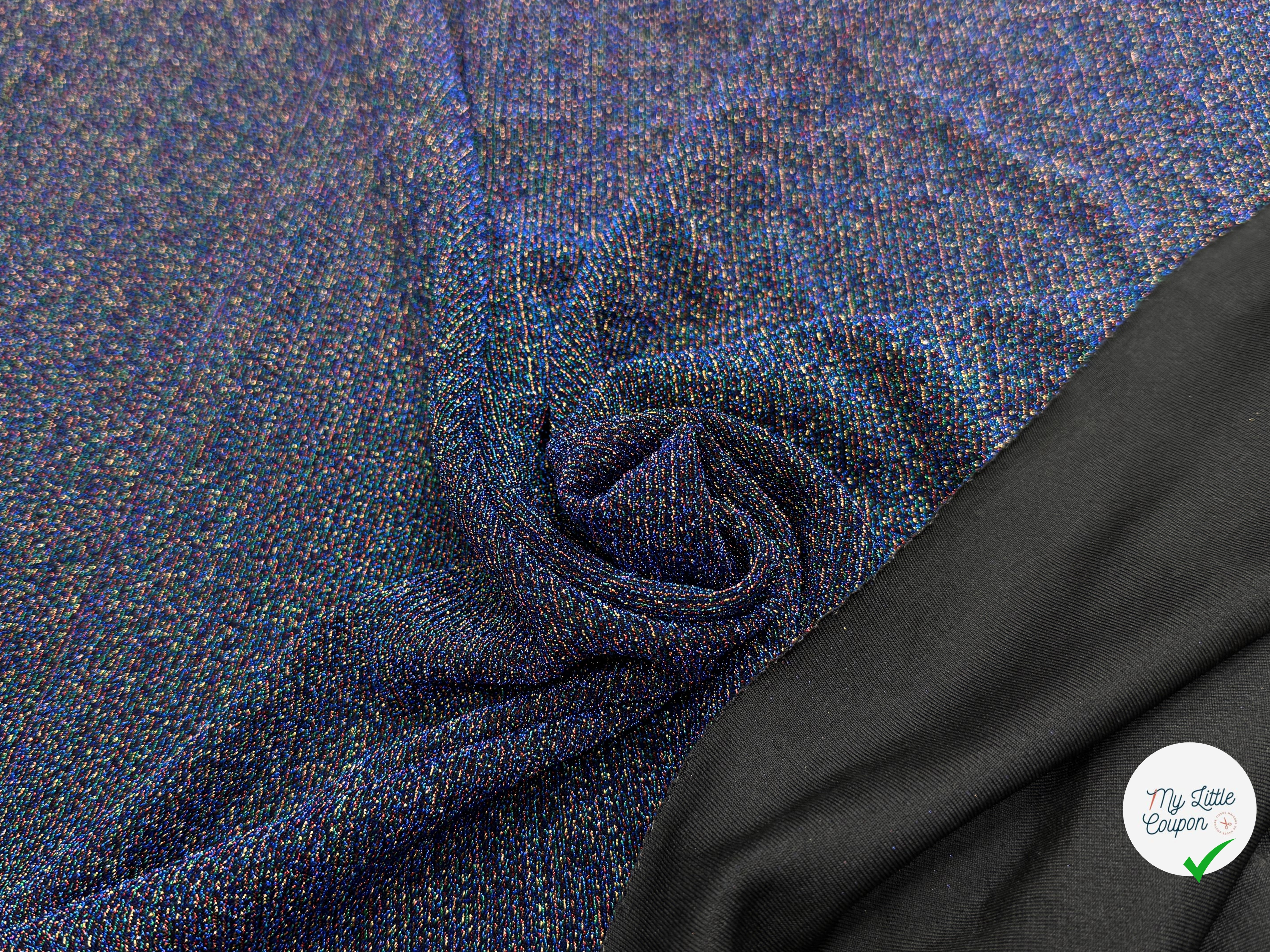 MAILLE FÊTE ULTRA STRETCH BRILLANT POLY MULTICOL INTERLOCK BLEU - My Little Coupon