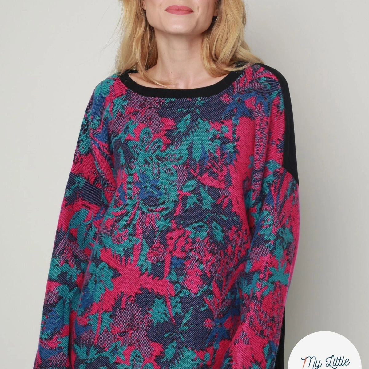 MAILLE GRATTÉE JACQUARD FLEURS FUCHSIA ET TURQUOISE - My Little Coupon