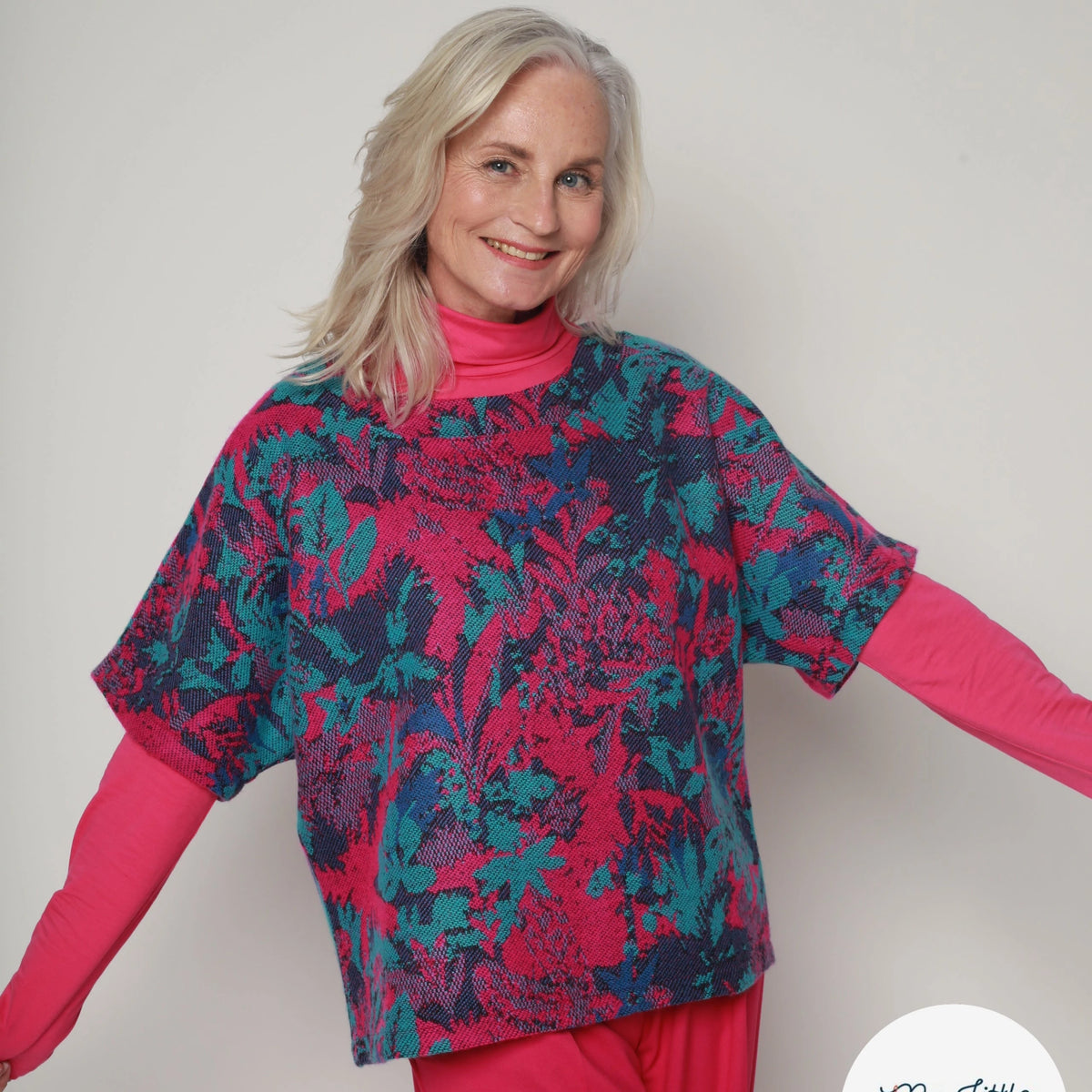MAILLE GRATTÉE JACQUARD FLEURS FUCHSIA ET TURQUOISE - My Little Coupon