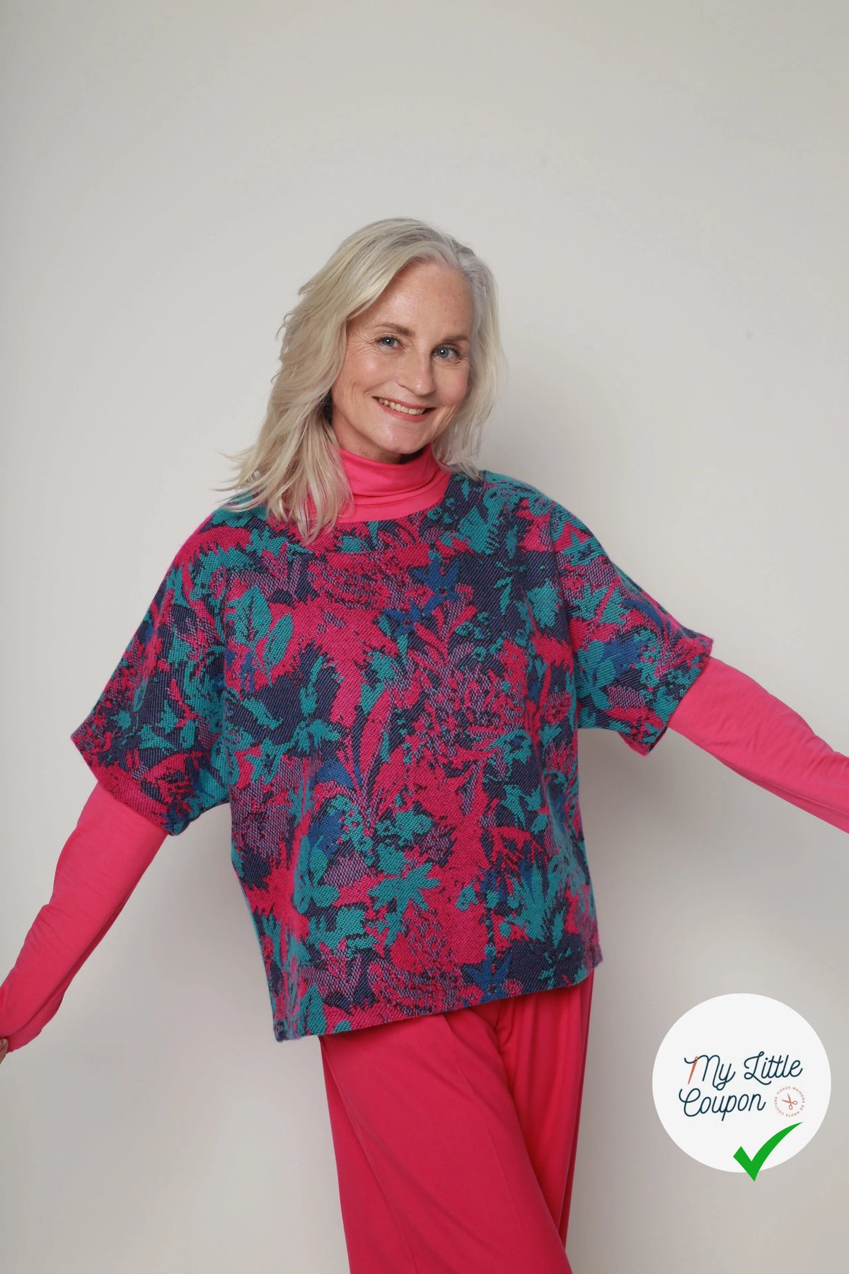MAILLE GRATTÉE JACQUARD FLEURS FUCHSIA ET TURQUOISE - My Little Coupon