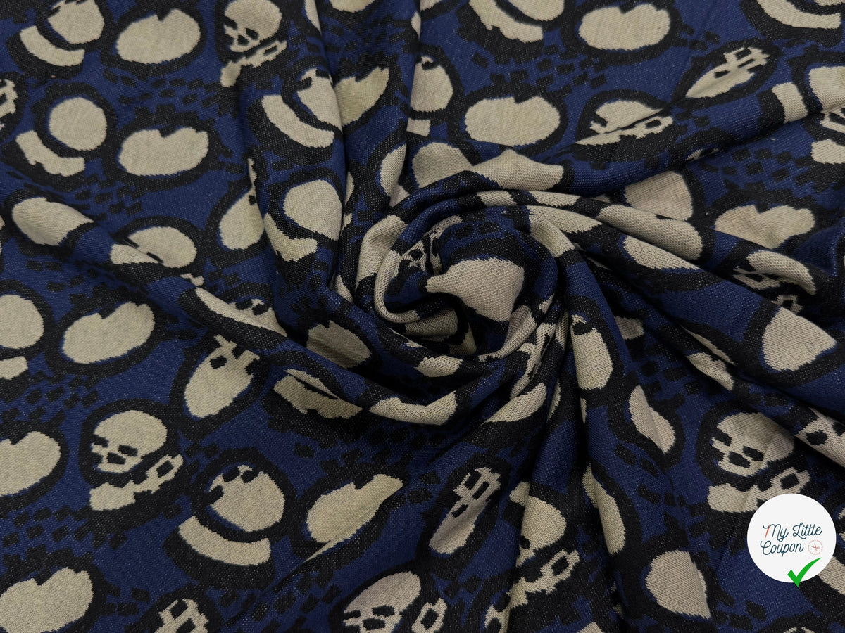 MAILLE JACQUARD ESPRIT MILANO MOTIF ABSTRAIT ÉCRU FOND BLEU MARINE - My Little Coupon