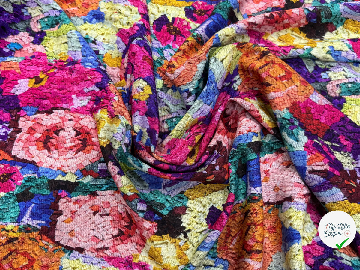 MAILLE VISCOSE STRETCH IMPRIMÉ FLEURS ESPRIT TAPISSERIE MULTICOLORE - My Little Coupon