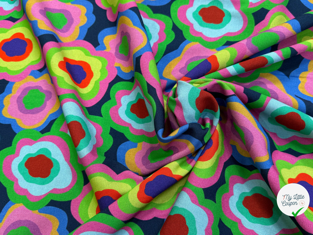 MAILLE VISCOSE STRETCH IMPRIMÉ FLEURS PSYCHÉDÉLIQUES MISTERY FLOWER POWER - My Little Coupon