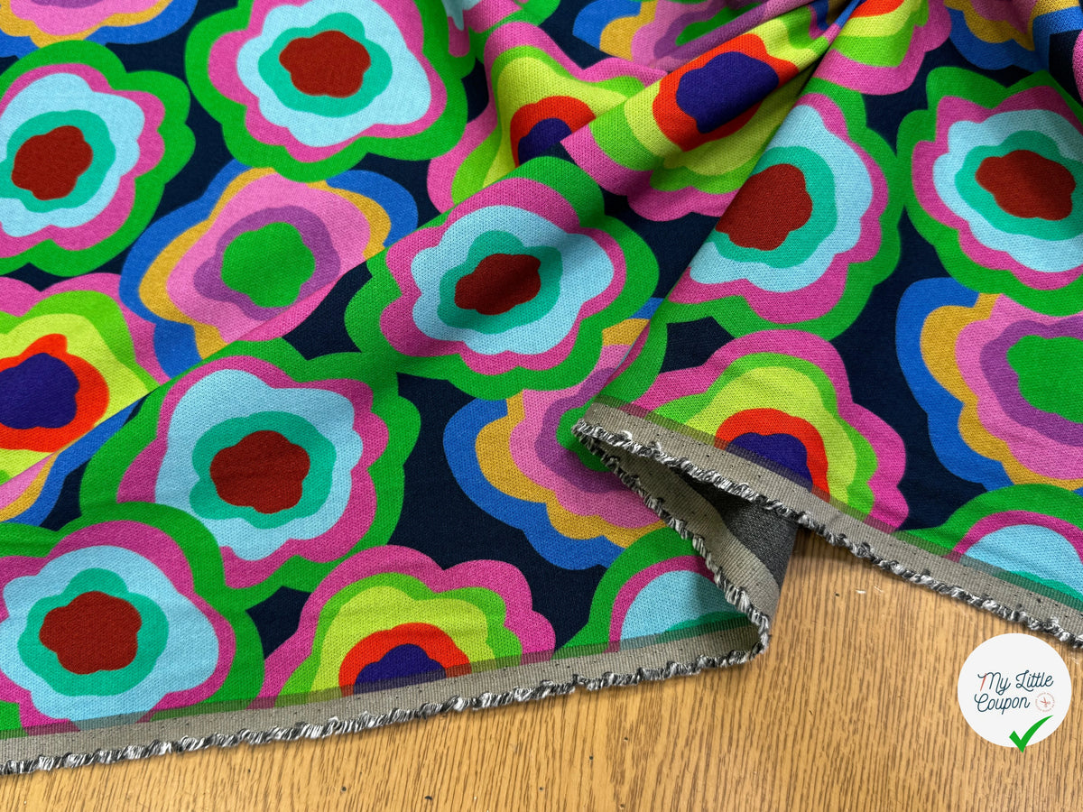 MAILLE VISCOSE STRETCH IMPRIMÉ FLEURS PSYCHÉDÉLIQUES MISTERY FLOWER POWER - My Little Coupon
