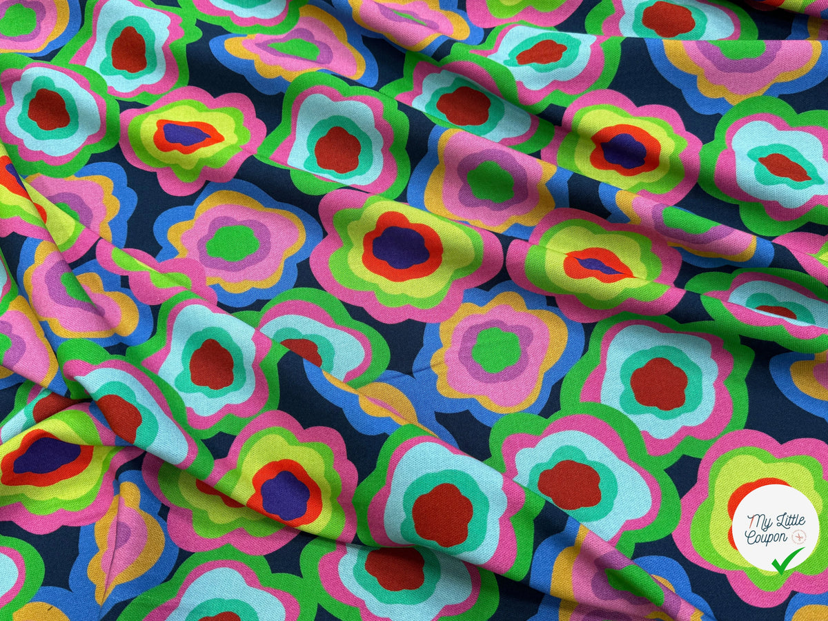 MAILLE VISCOSE STRETCH IMPRIMÉ FLEURS PSYCHÉDÉLIQUES MISTERY FLOWER POWER - My Little Coupon