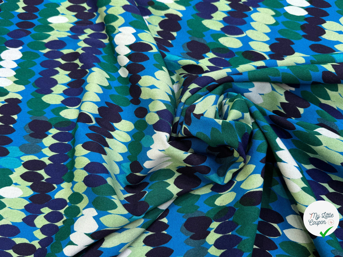 MAILLE VISCOSE STRETCH IMPRIMÉ OLIVES BLEU MISTERY EN RANG BLEU - My Little Coupon
