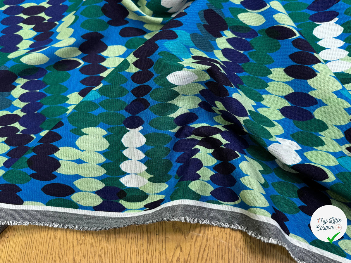 MAILLE VISCOSE STRETCH IMPRIMÉ OLIVES BLEU MISTERY EN RANG BLEU - My Little Coupon