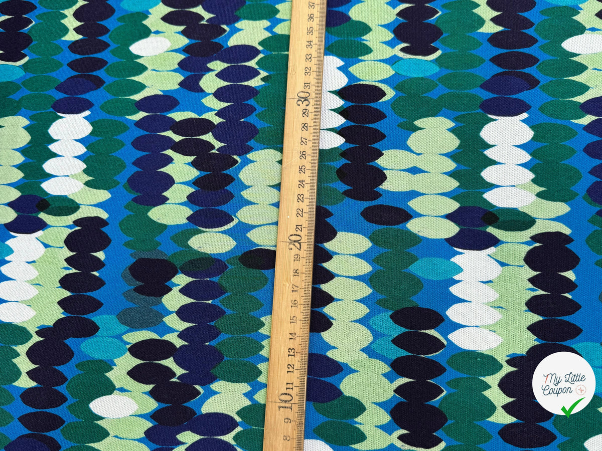 MAILLE VISCOSE STRETCH IMPRIMÉ OLIVES BLEU MISTERY EN RANG BLEU - My Little Coupon