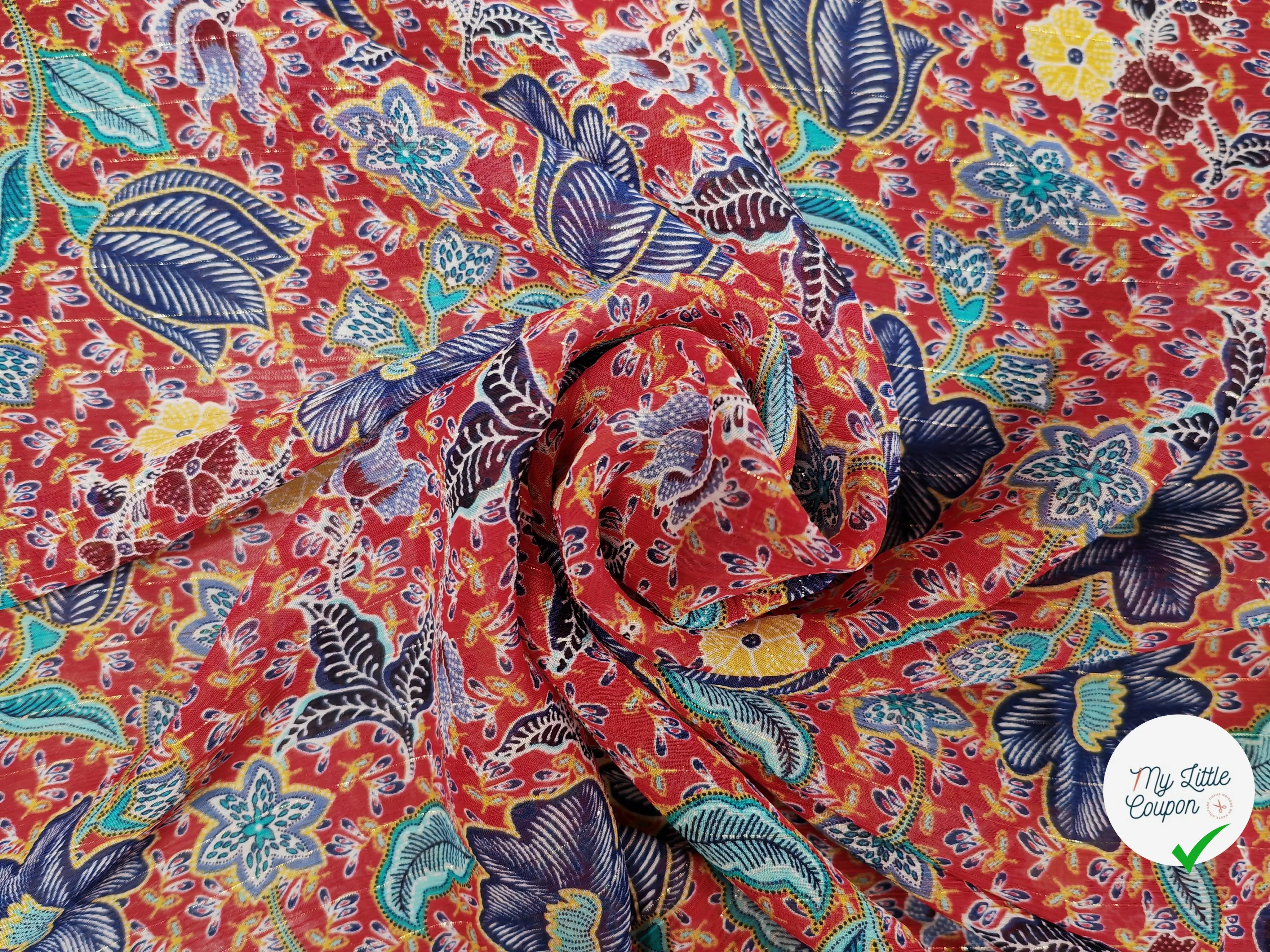 MOUSSELINE FLEURS ORIENTALES FOND ROUGE - My Little Coupon