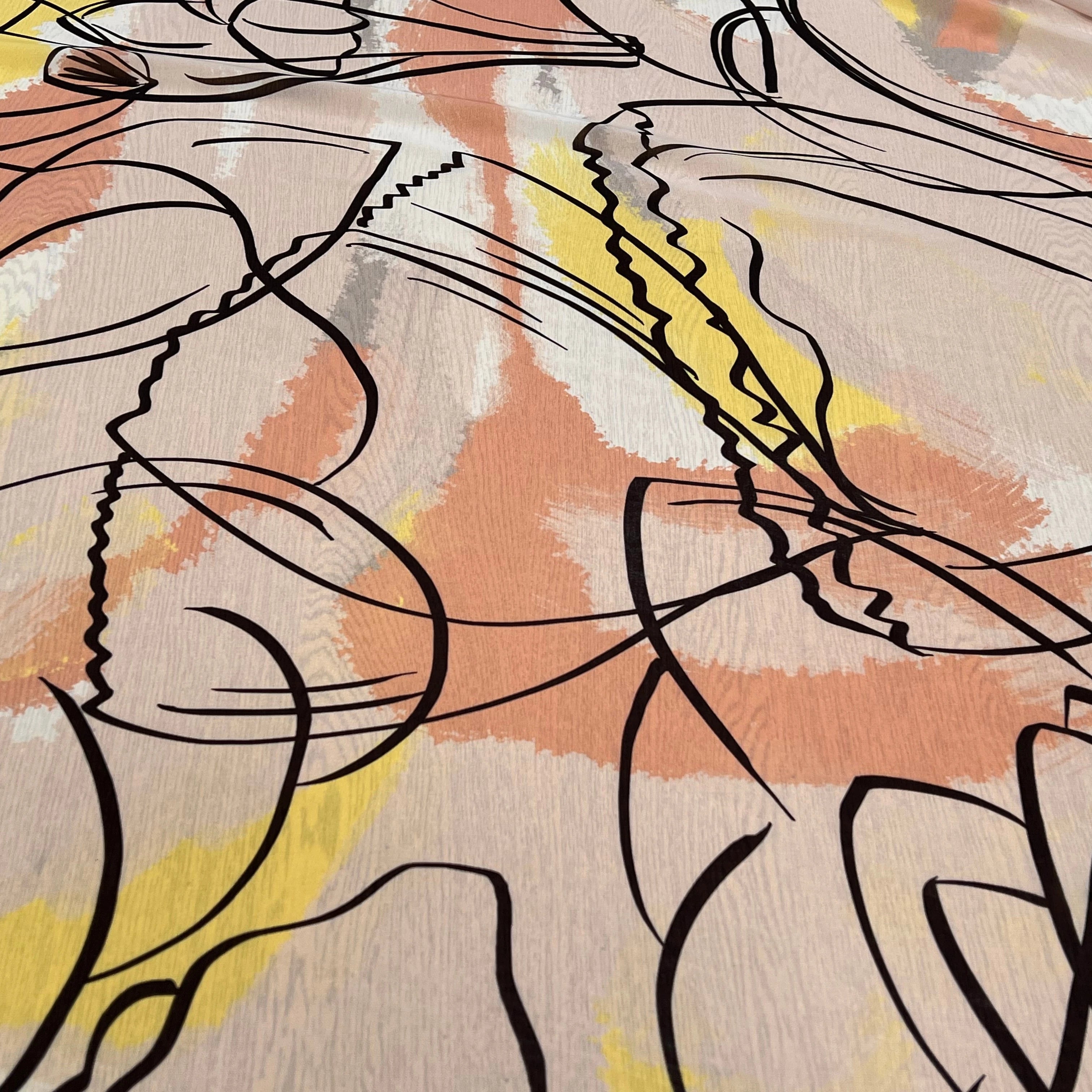 MOUSSELINE JAUNE MARRON MOTIF ABSTRAIT POLYESTER - My Little Coupon