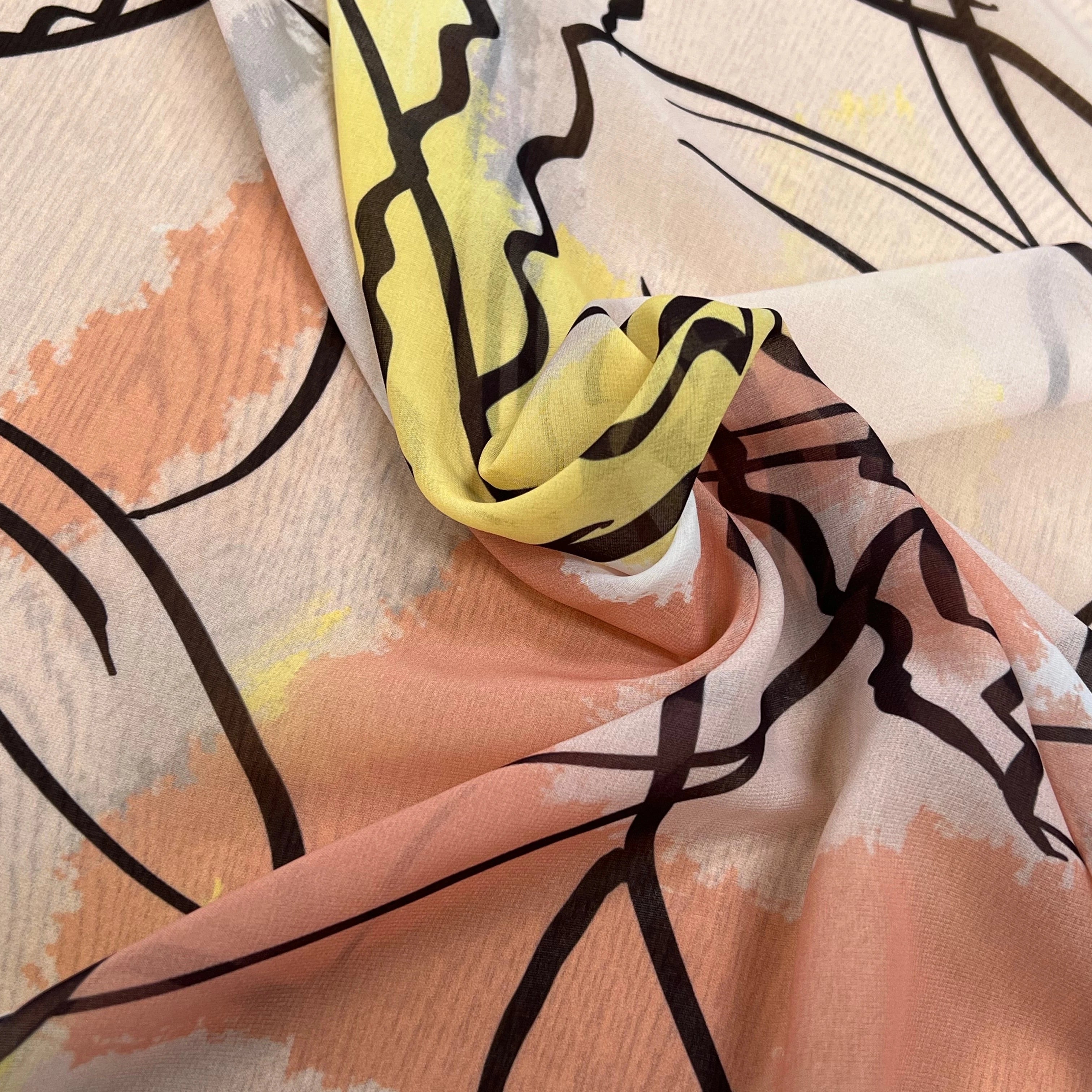 MOUSSELINE JAUNE MARRON MOTIF ABSTRAIT POLYESTER - My Little Coupon