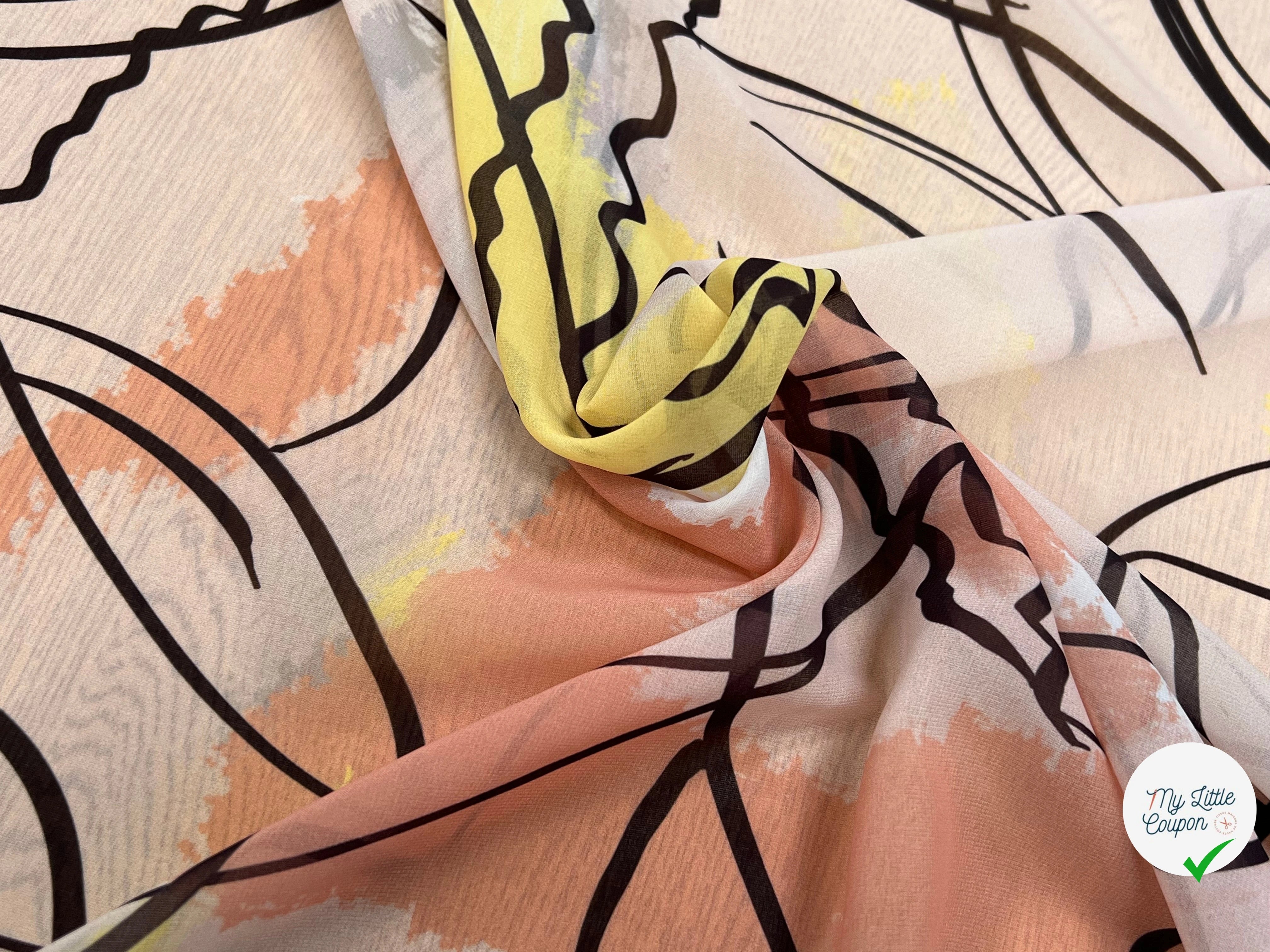 MOUSSELINE JAUNE MARRON MOTIF ABSTRAIT POLYESTER - My Little Coupon