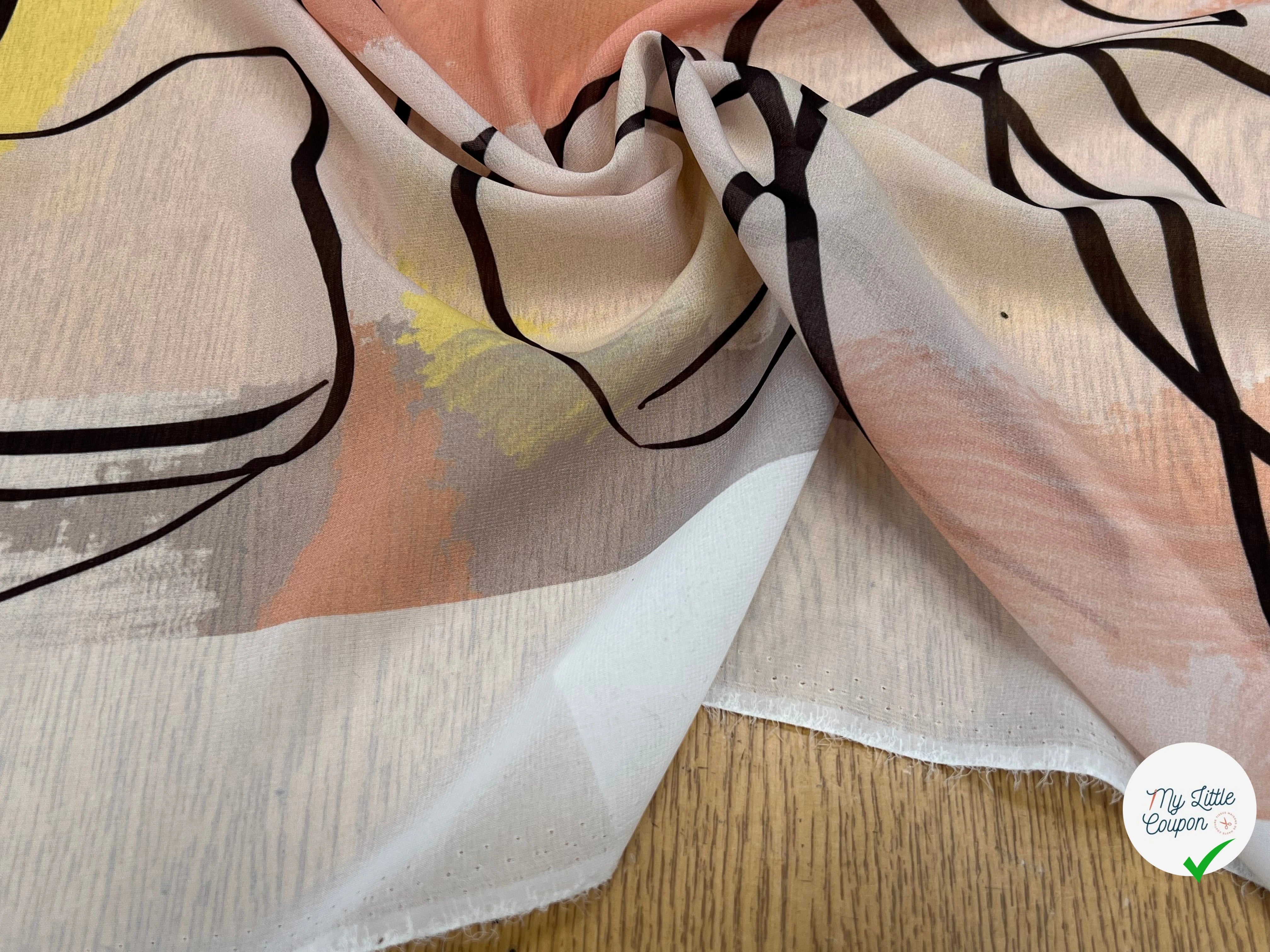 MOUSSELINE JAUNE MARRON MOTIF ABSTRAIT POLYESTER - My Little Coupon