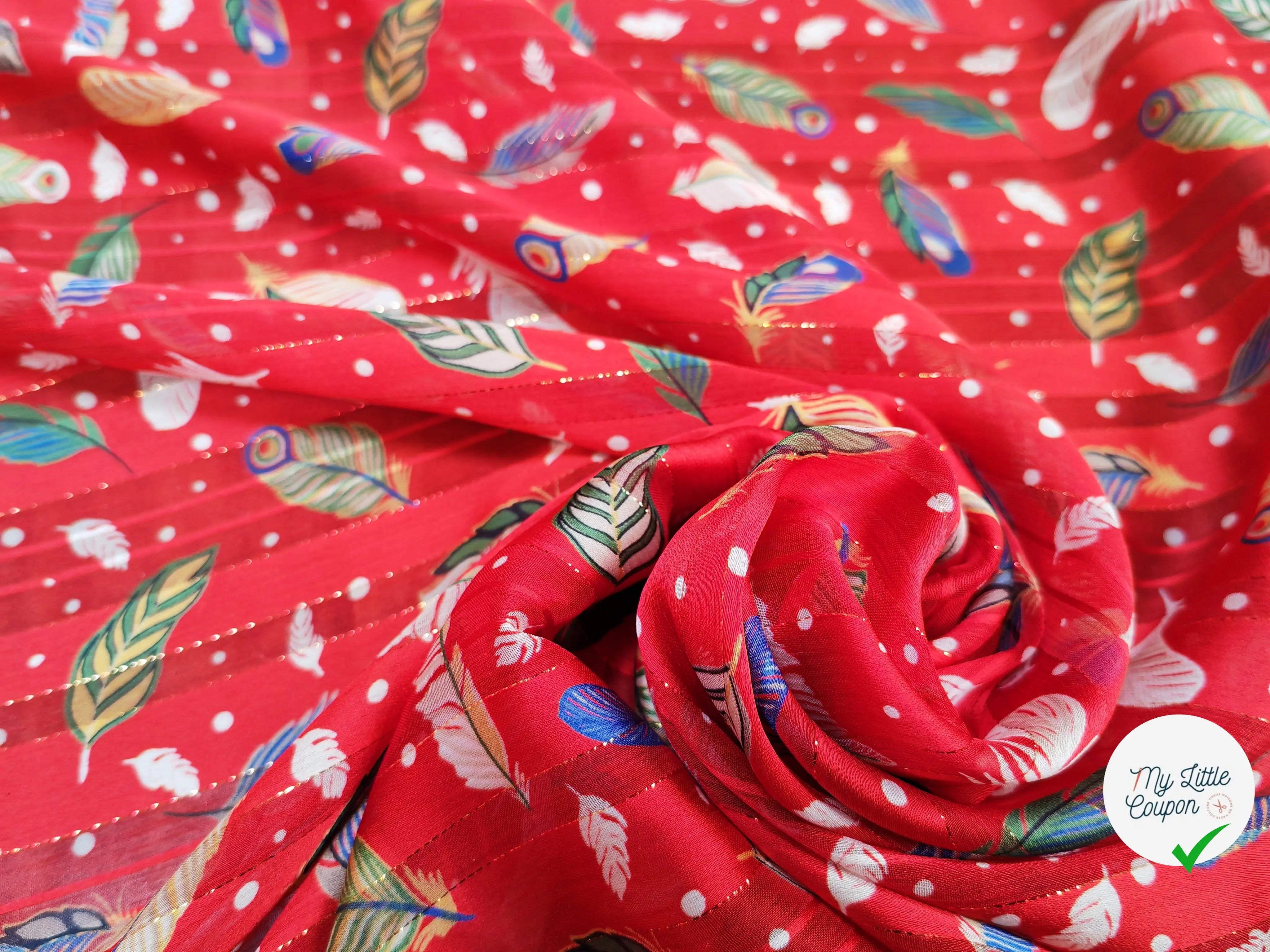 MOUSSELINE OSLOW PLUMES MULTICOLORE FOND ROUGE - My Little Coupon