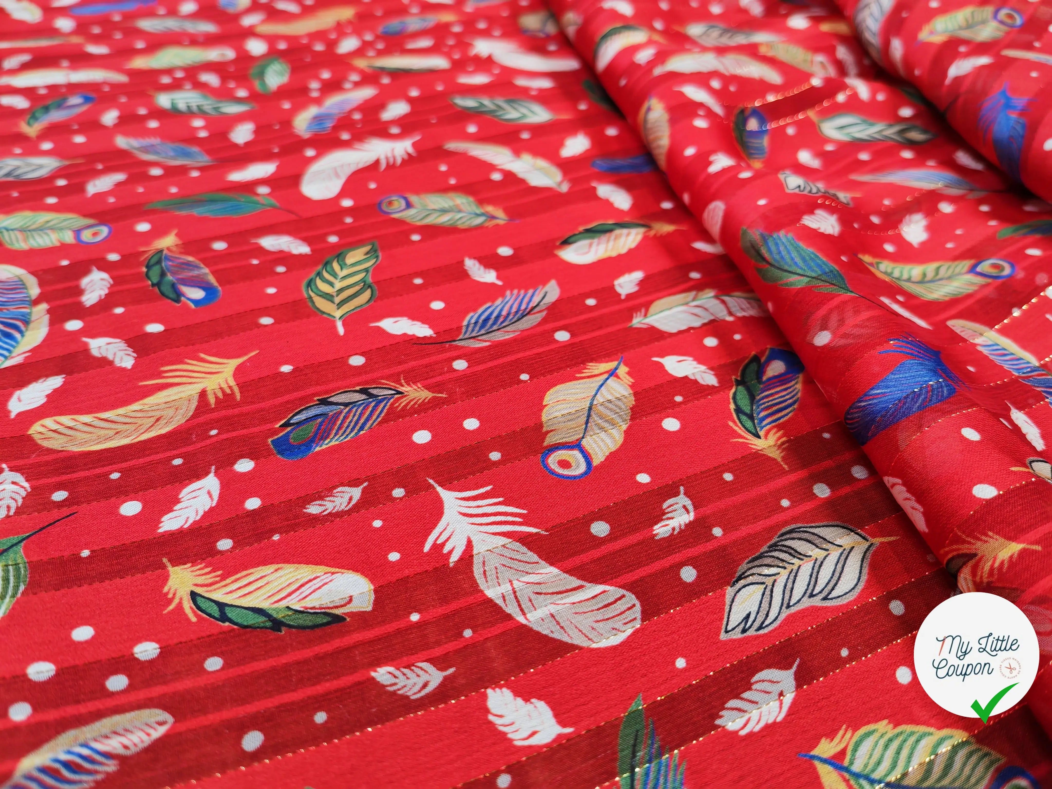 MOUSSELINE OSLOW PLUMES MULTICOLORE FOND ROUGE - My Little Coupon