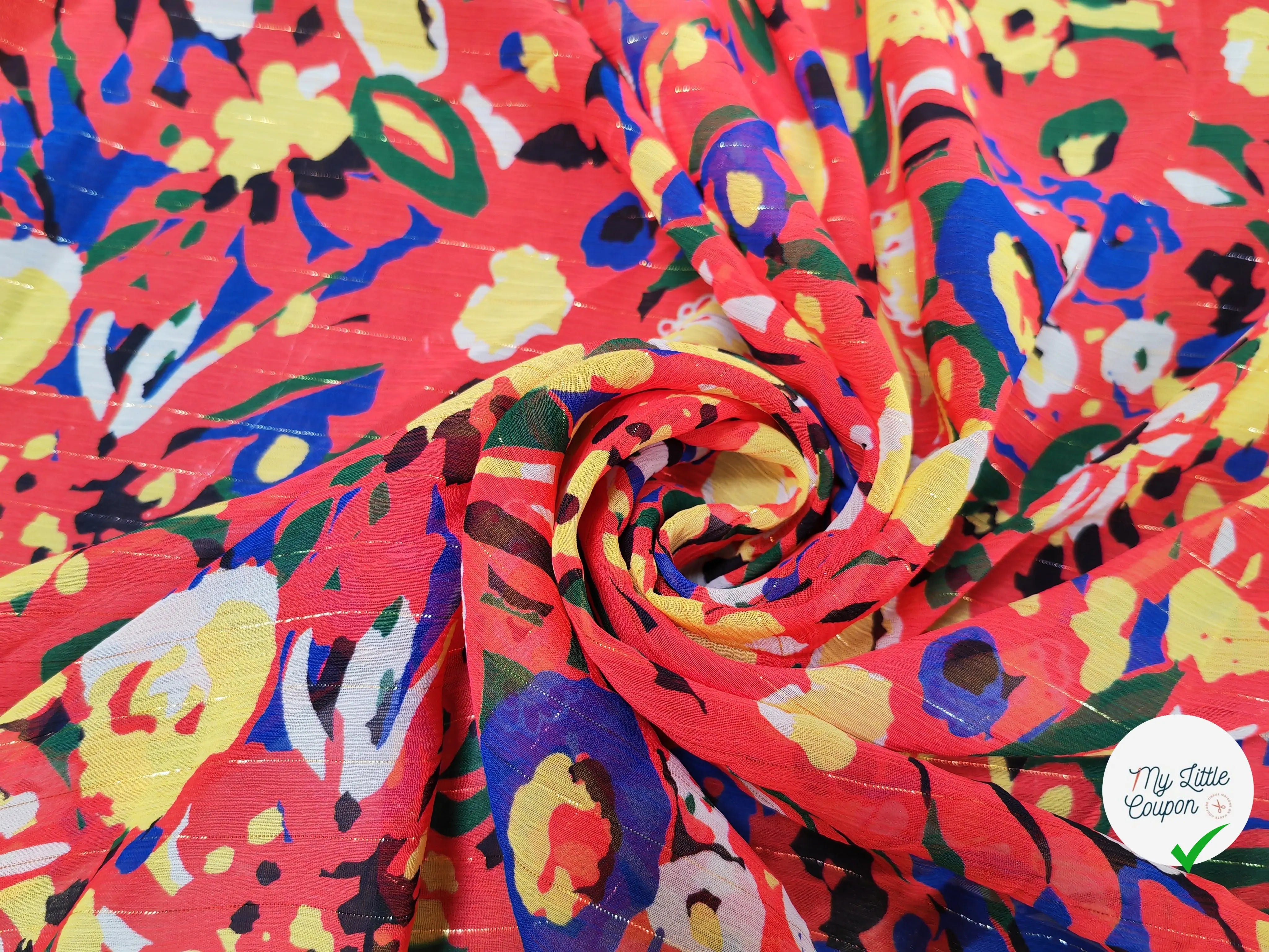 MOUSSELINE TÂCHE DE FLEURS FOND ROUGE - My Little Coupon