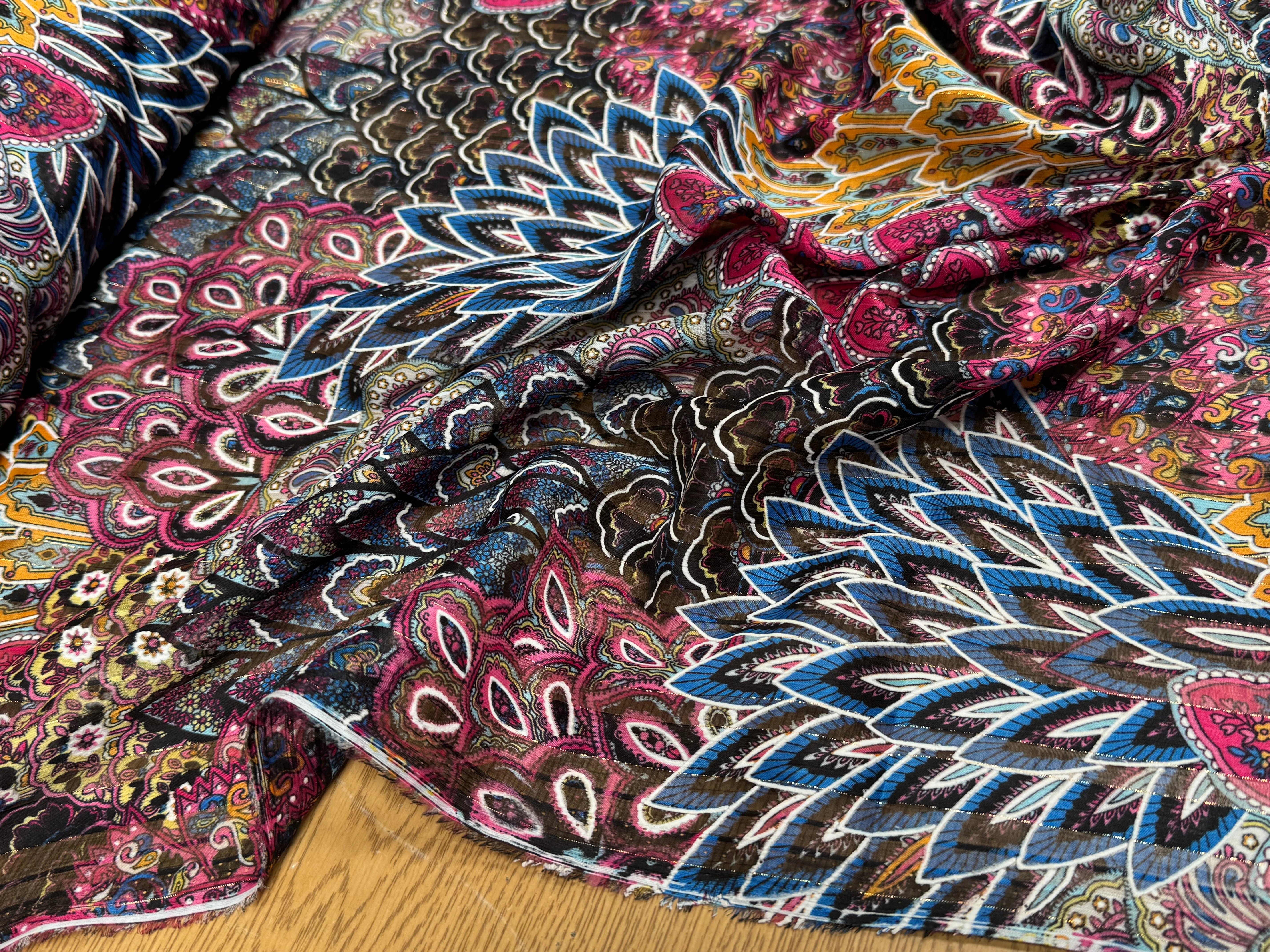 MOUSSELINE YORYU SATIN STRIPE PRINT FUSHIA BLUE&ORANGE - My Little Coupon