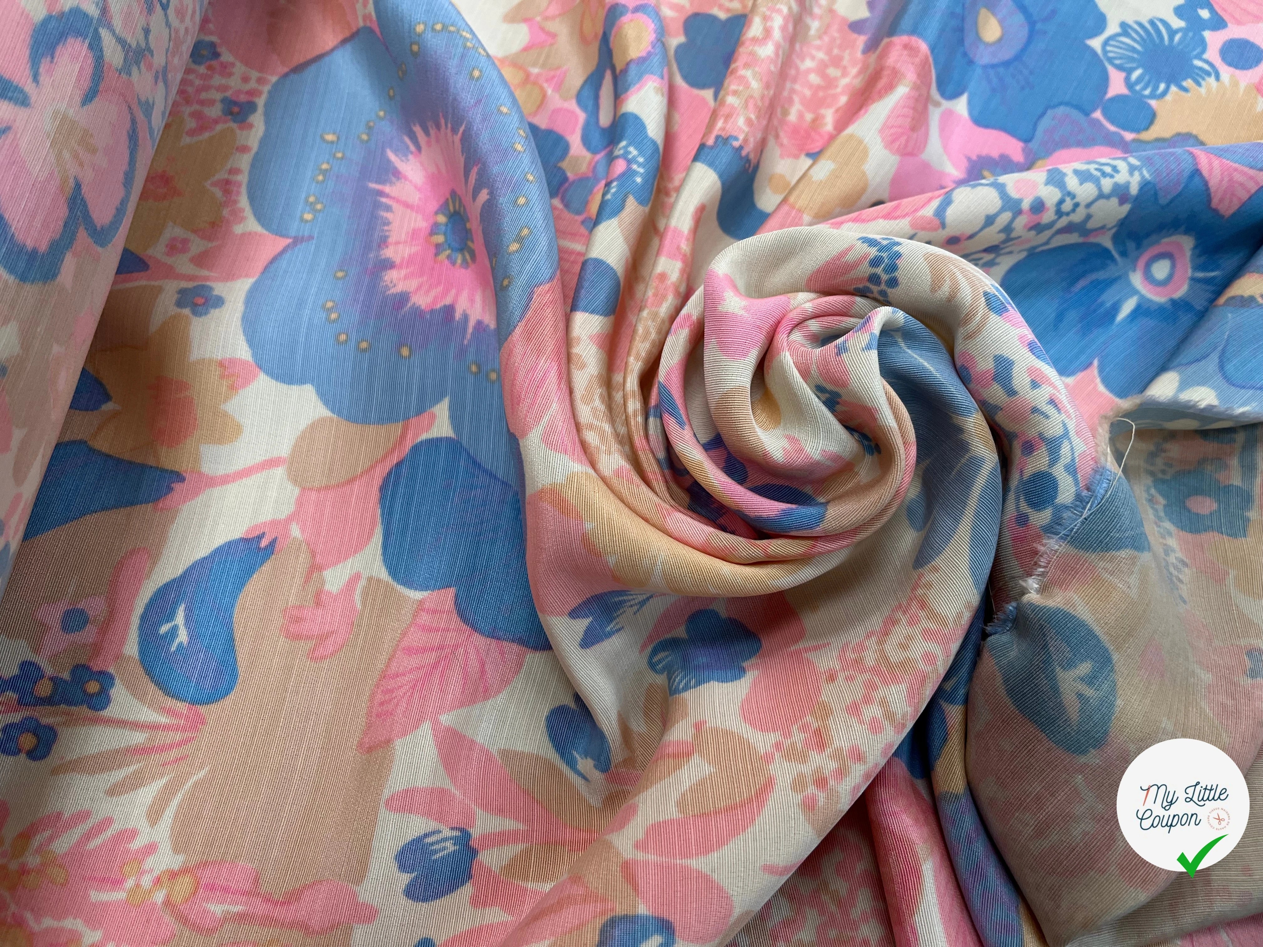 OTTOMAN LAINE VISCOSE FOND BEIGE MOTIF FLEURS ROSE BLEU 95CM - My Little Coupon