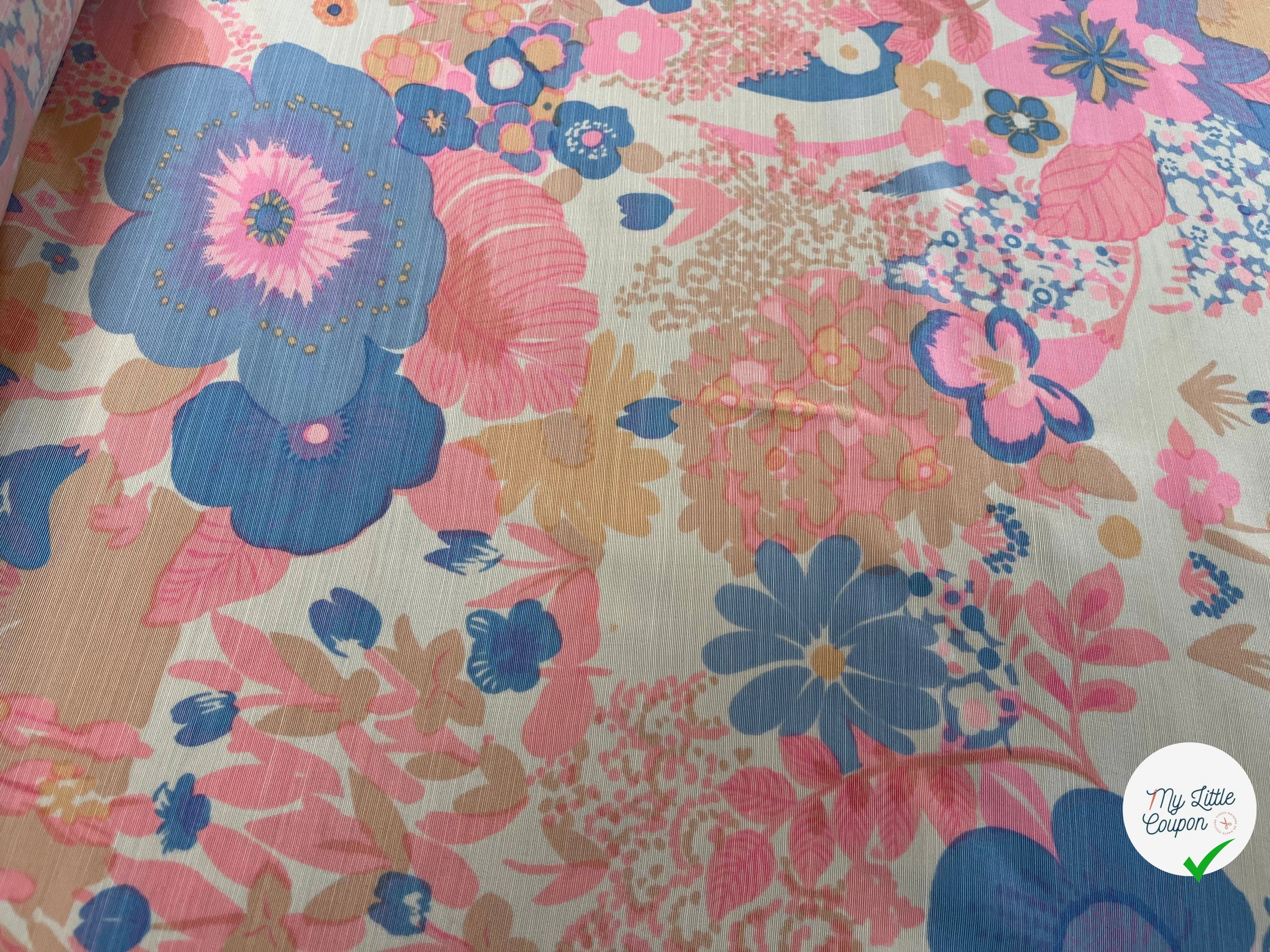 OTTOMAN LAINE VISCOSE FOND BEIGE MOTIF FLEURS ROSE BLEU 95CM - My Little Coupon