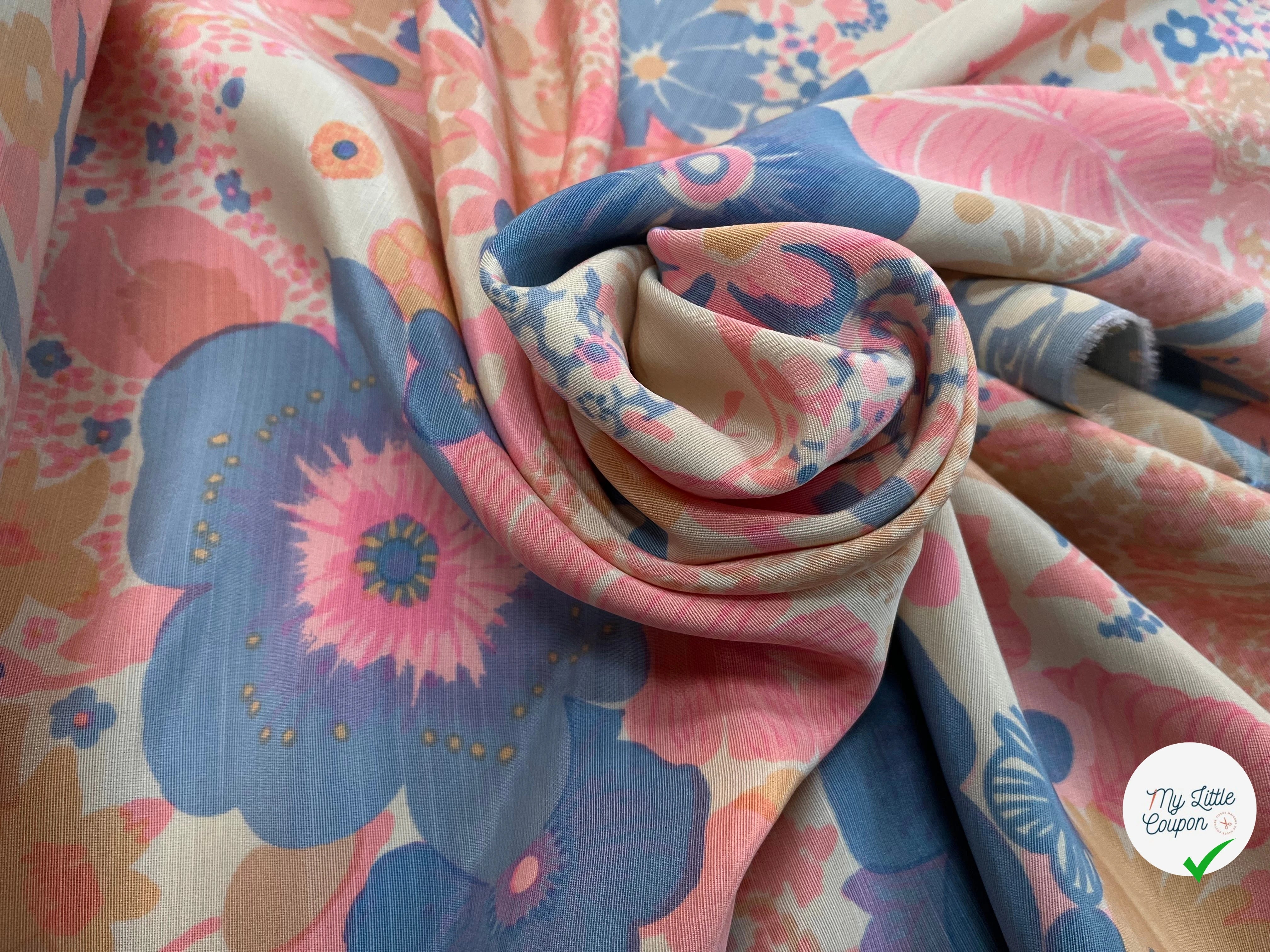 OTTOMAN LAINE VISCOSE FOND BEIGE MOTIF FLEURS ROSE BLEU 95CM - My Little Coupon