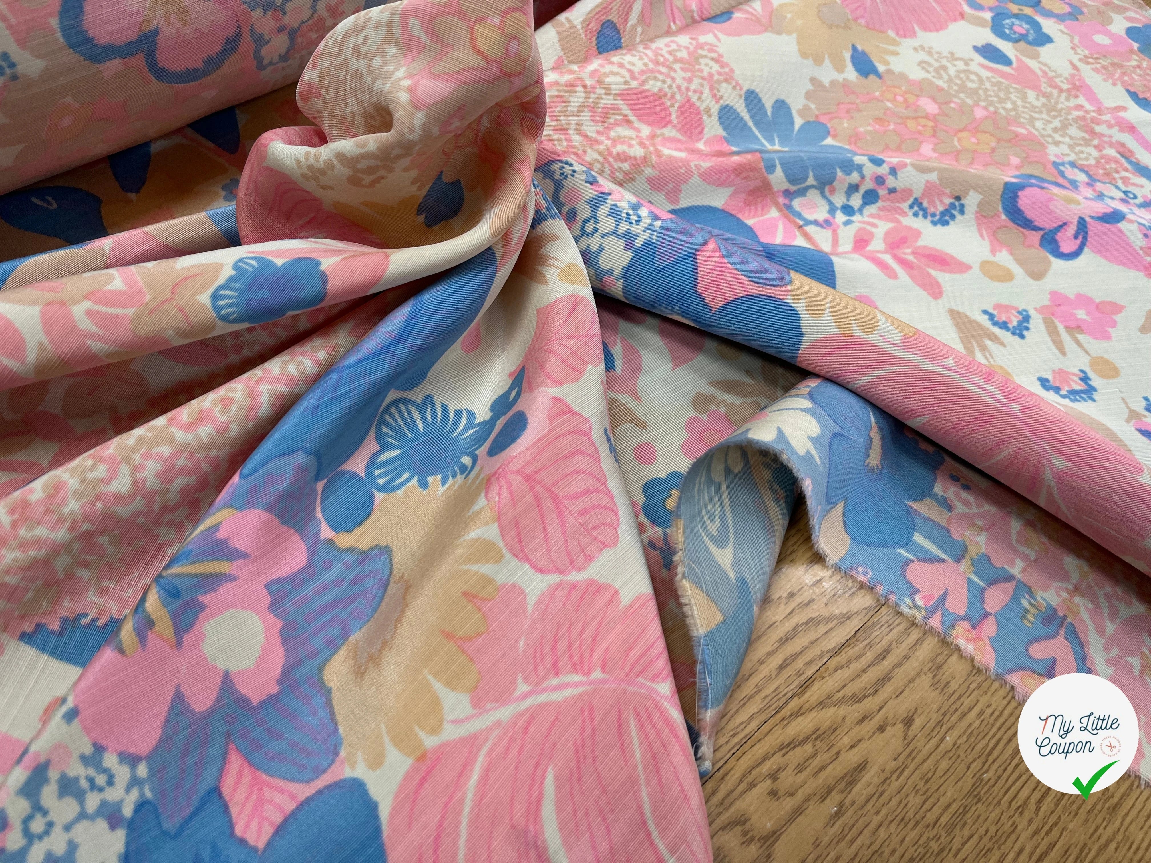 OTTOMAN LAINE VISCOSE FOND BEIGE MOTIF FLEURS ROSE BLEU 95CM - My Little Coupon