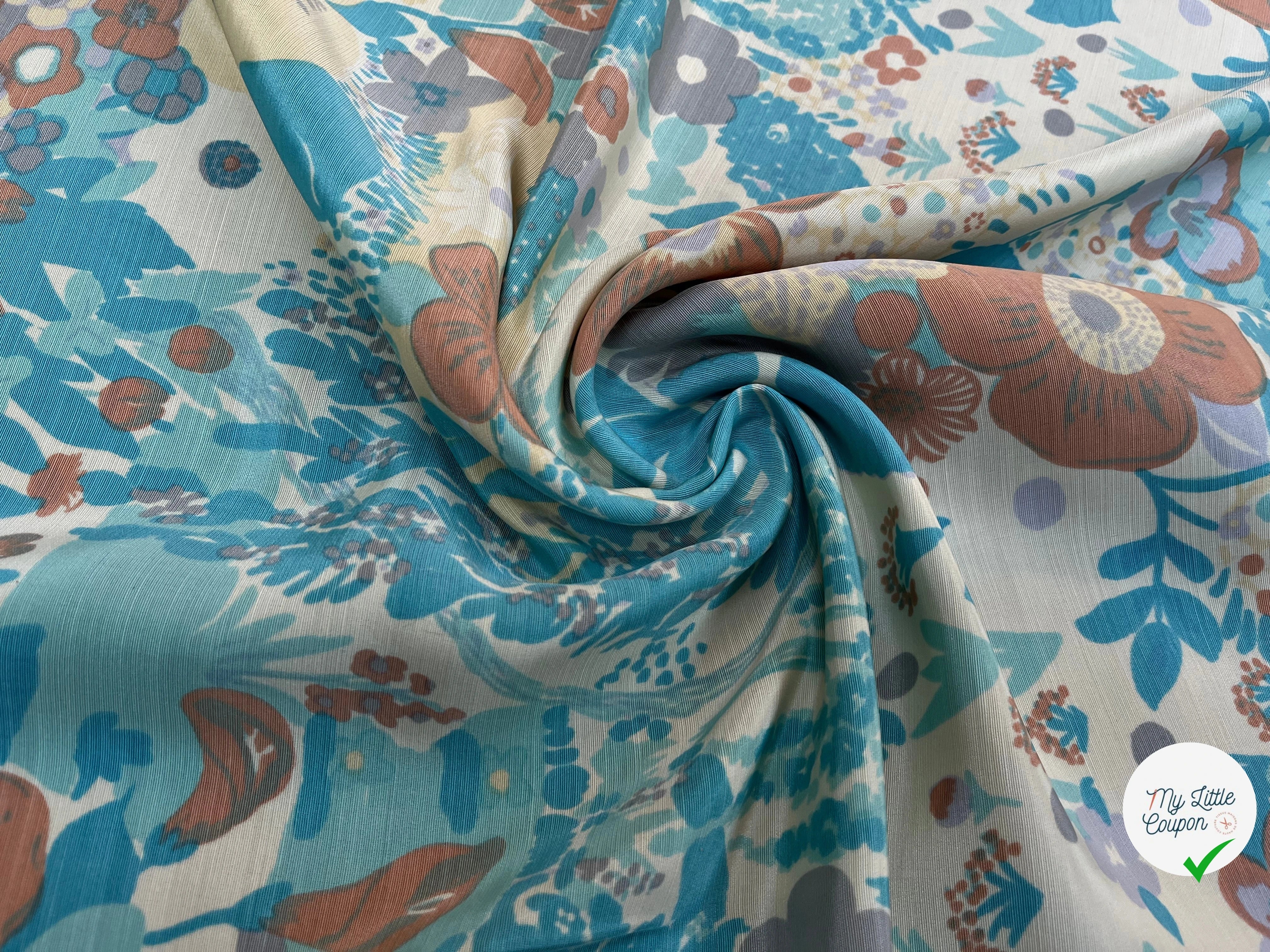 OTTOMAN LAINE VISCOSE FOND ÉCRU MOTIF FLEURS BLEU MARRON VERT 95CM - My Little Coupon
