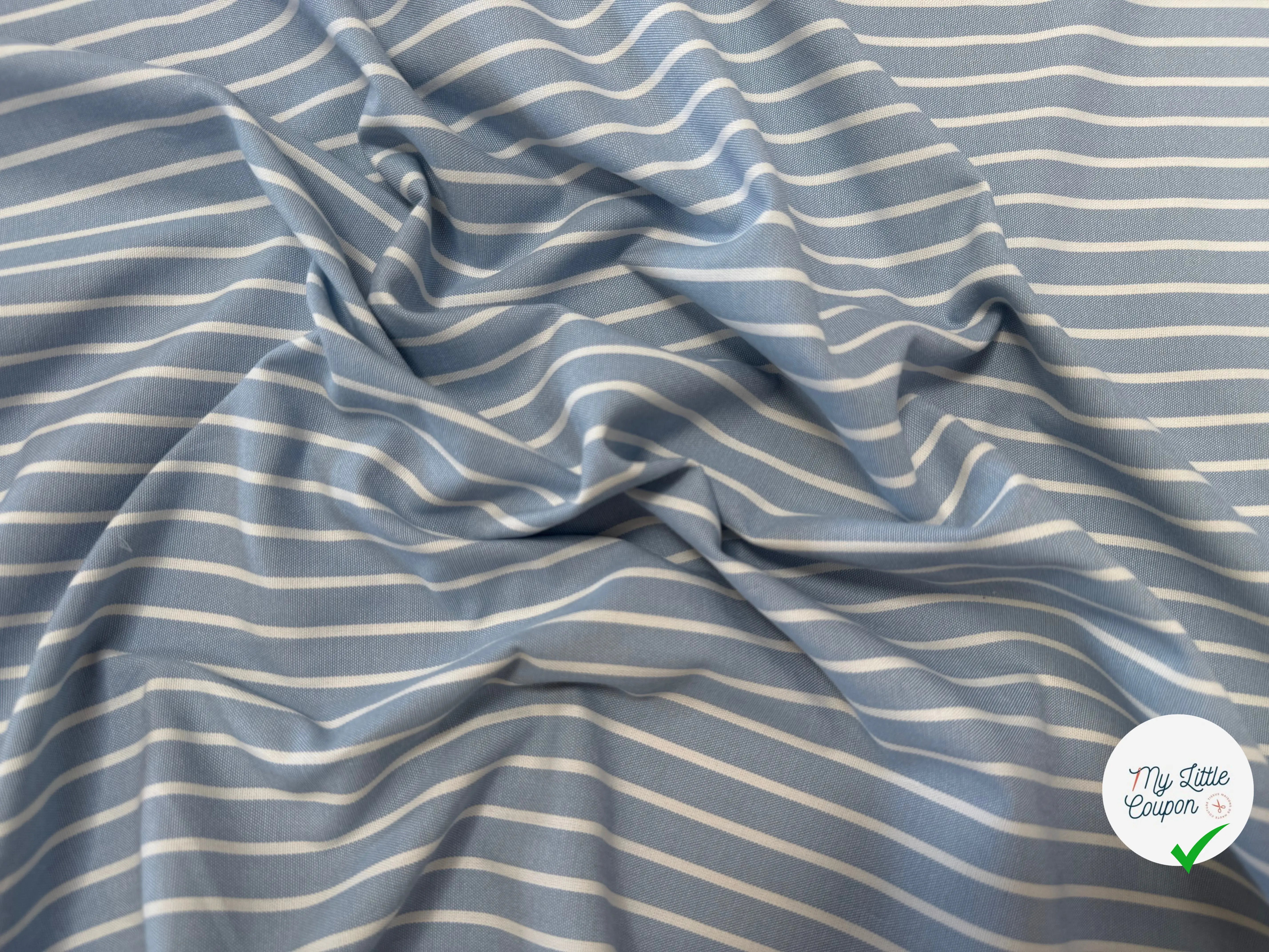 OXFORD DE COTON BLEU CIEL À RAYURES BLANCHES - My Little Coupon