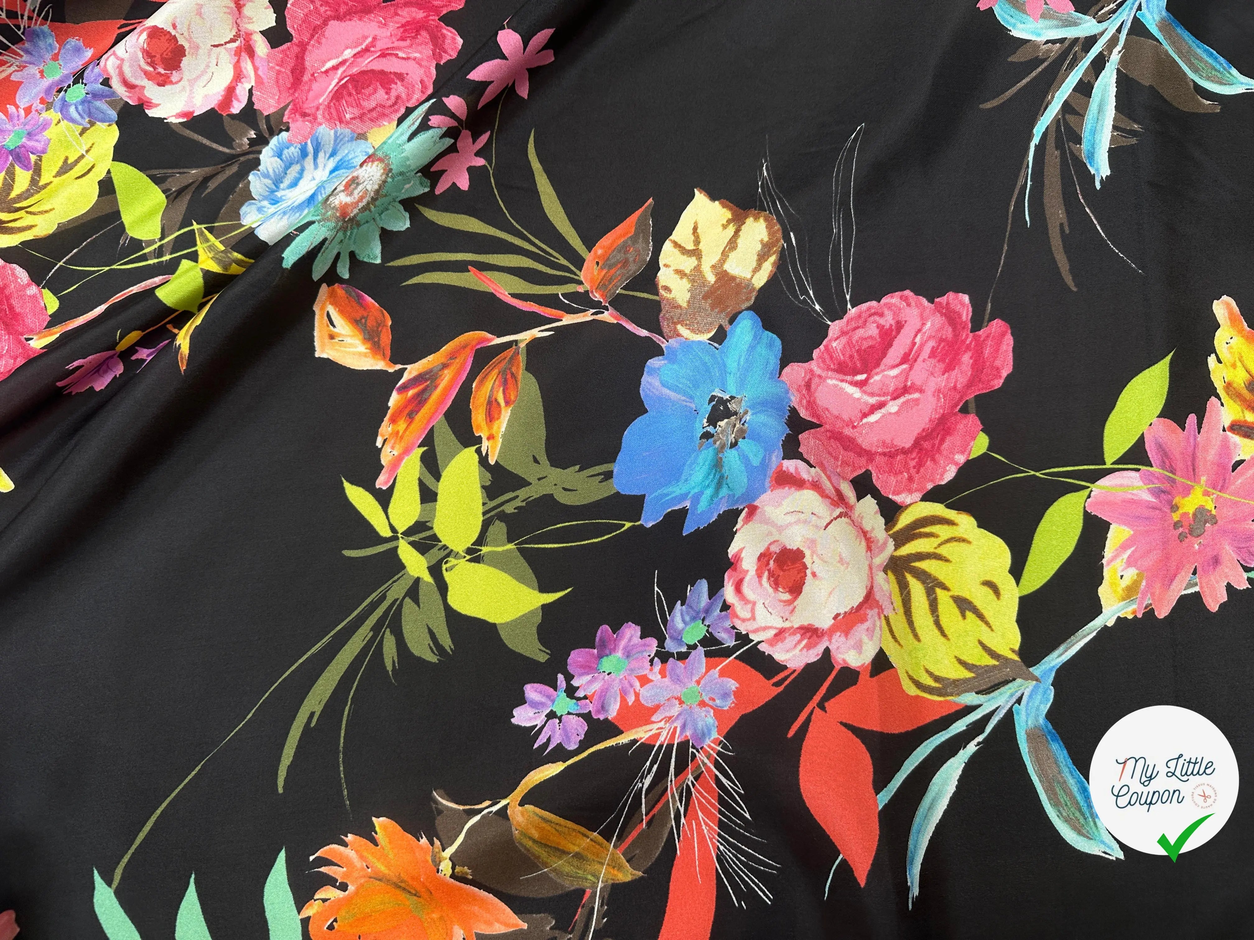 PONGÉ DE SOIE FLEURS FOND NOIR - My Little Coupon
