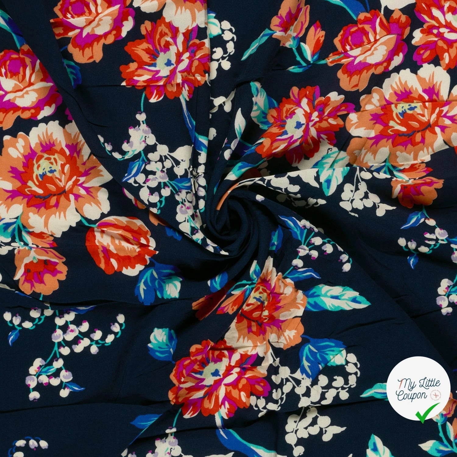 POPELINE BAMBOU IMPRIMÉ FLEURS BLEU MARINE - My Little Coupon