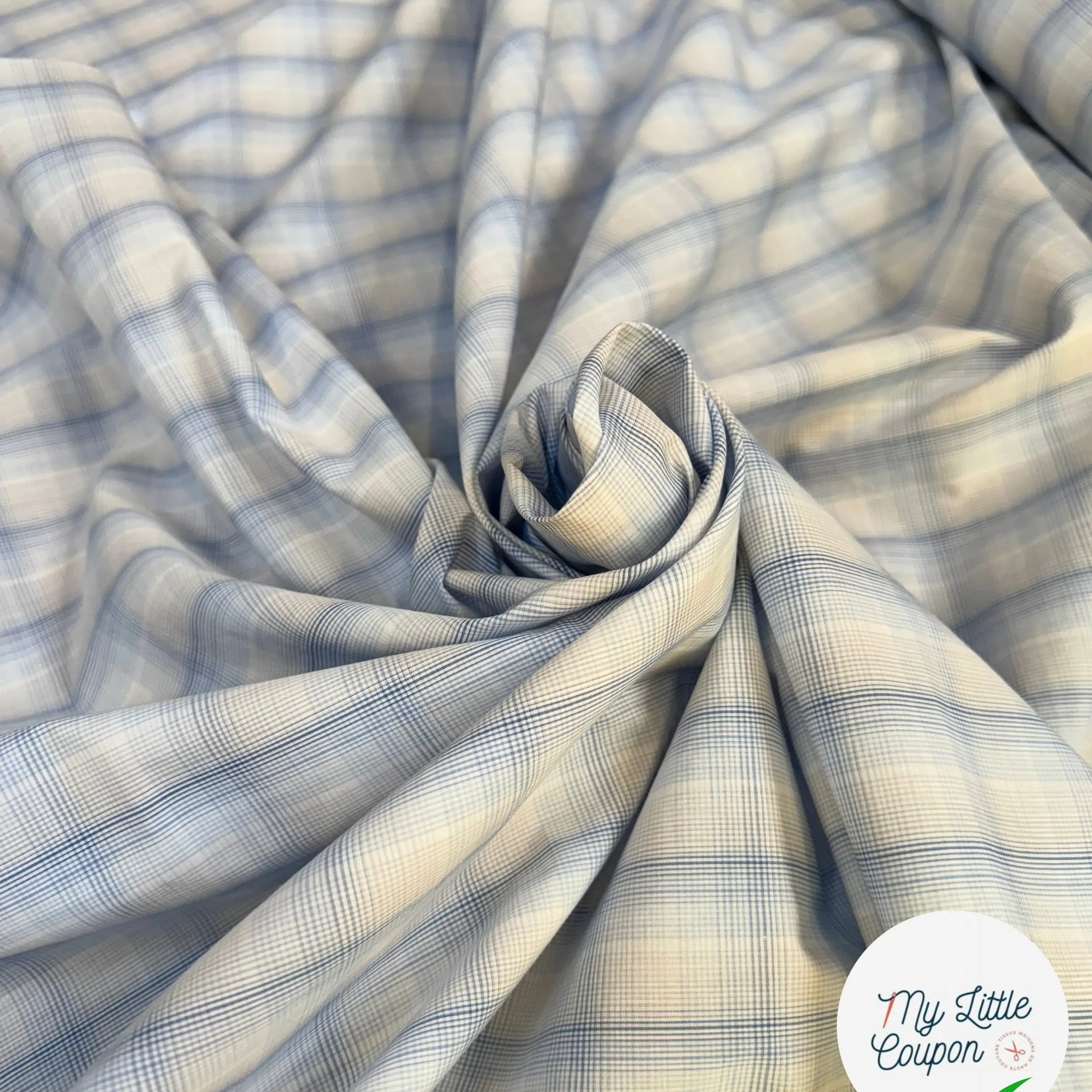 POPELINE COTON CARREAUX FOND BLANC BLEU - My Little Coupon