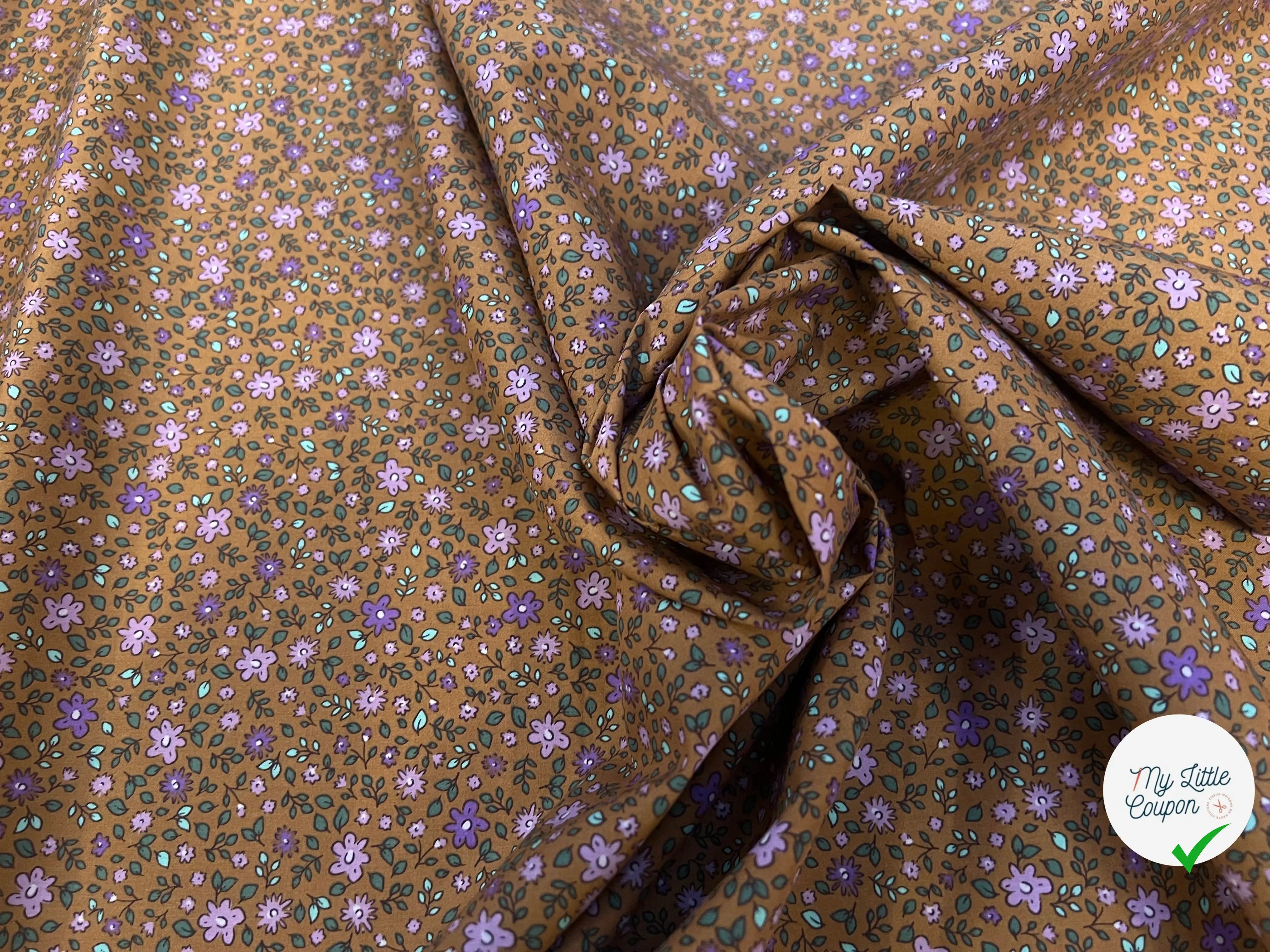 POPELINE COTON IMPRIMÉE YVETTE OCRE / MAUVE - My Little Coupon