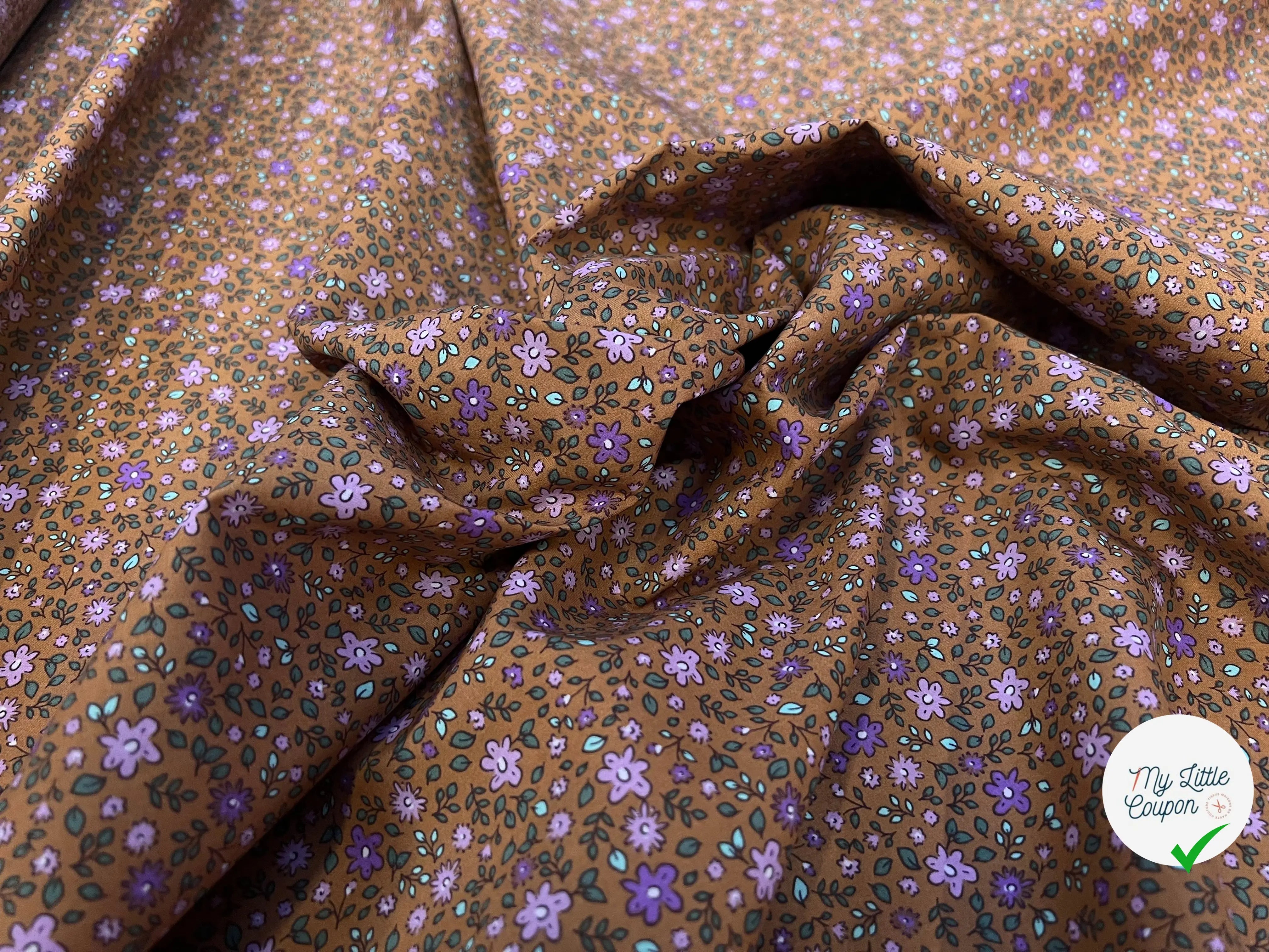 POPELINE COTON IMPRIMÉE YVETTE OCRE / MAUVE - My Little Coupon