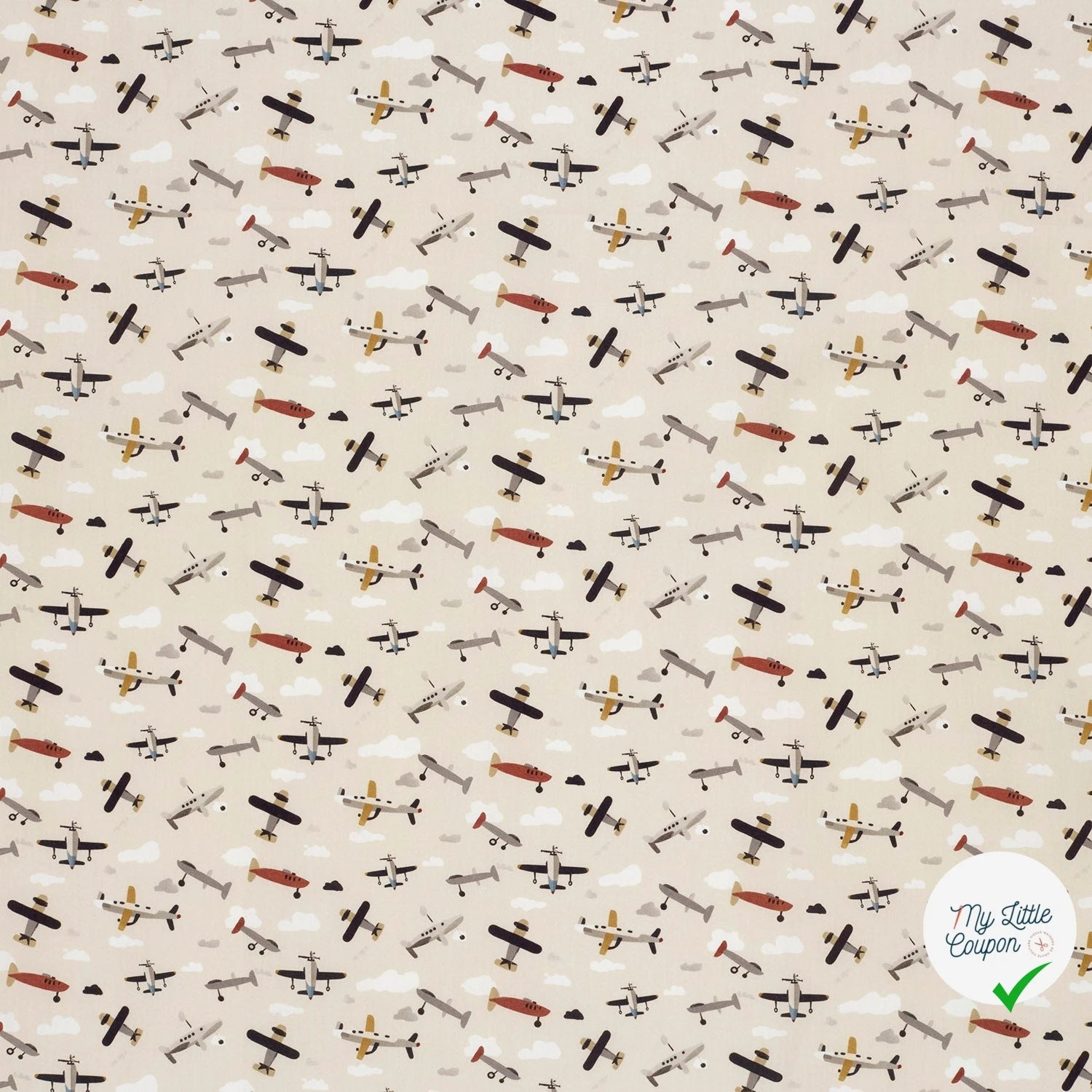 POPELINE DE COTON AVIONS FOND BLANC CASSÉ - My Little Coupon