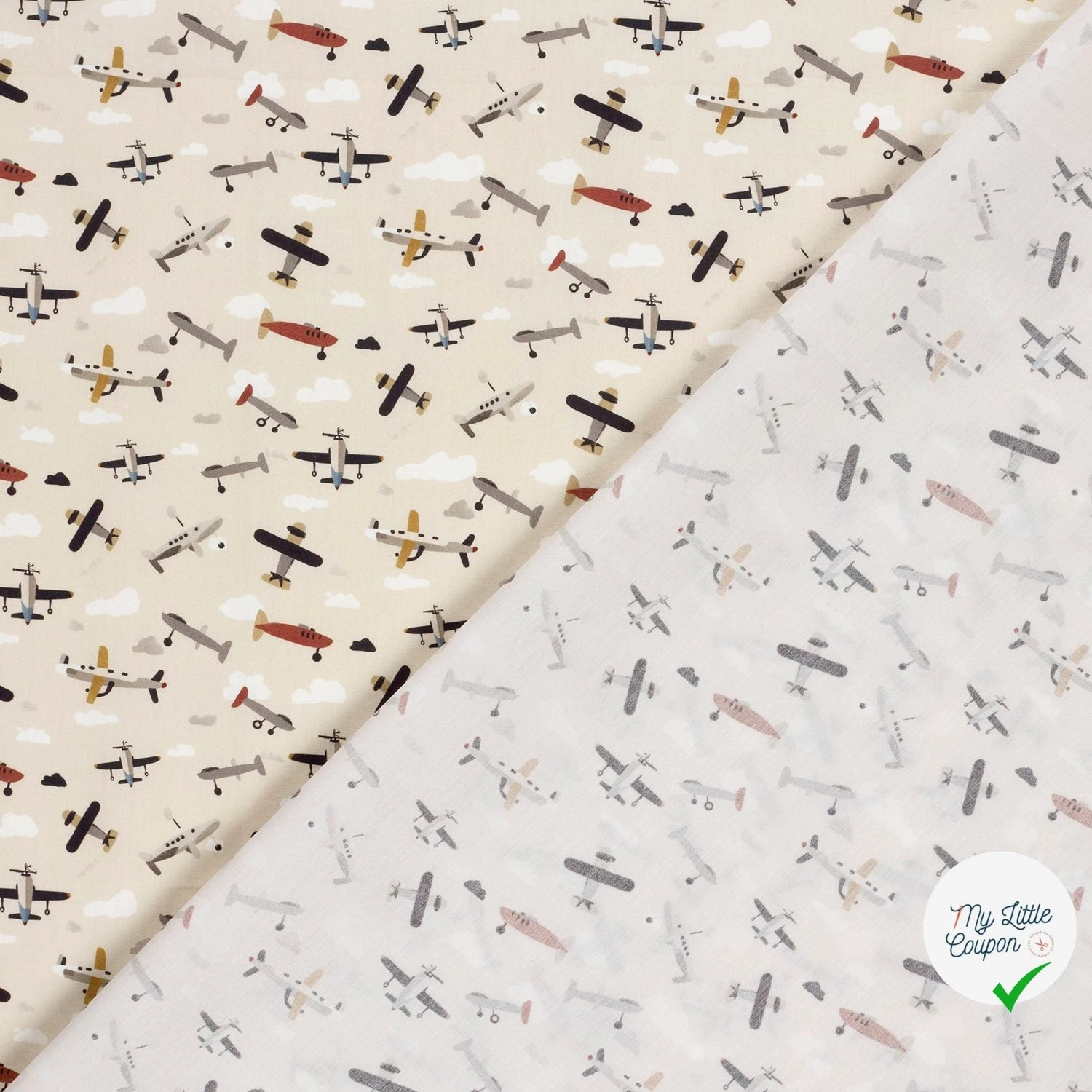 POPELINE DE COTON AVIONS FOND BLANC CASSÉ - My Little Coupon