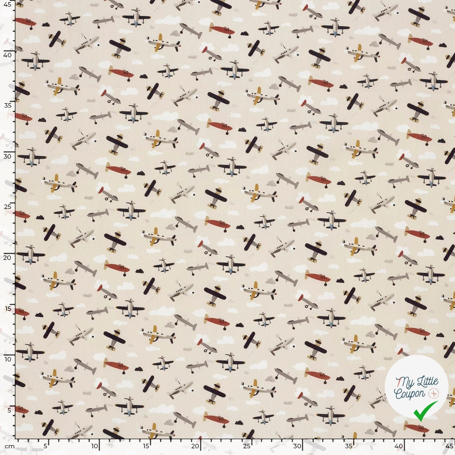 POPELINE DE COTON AVIONS FOND BLANC CASSÉ - My Little Coupon