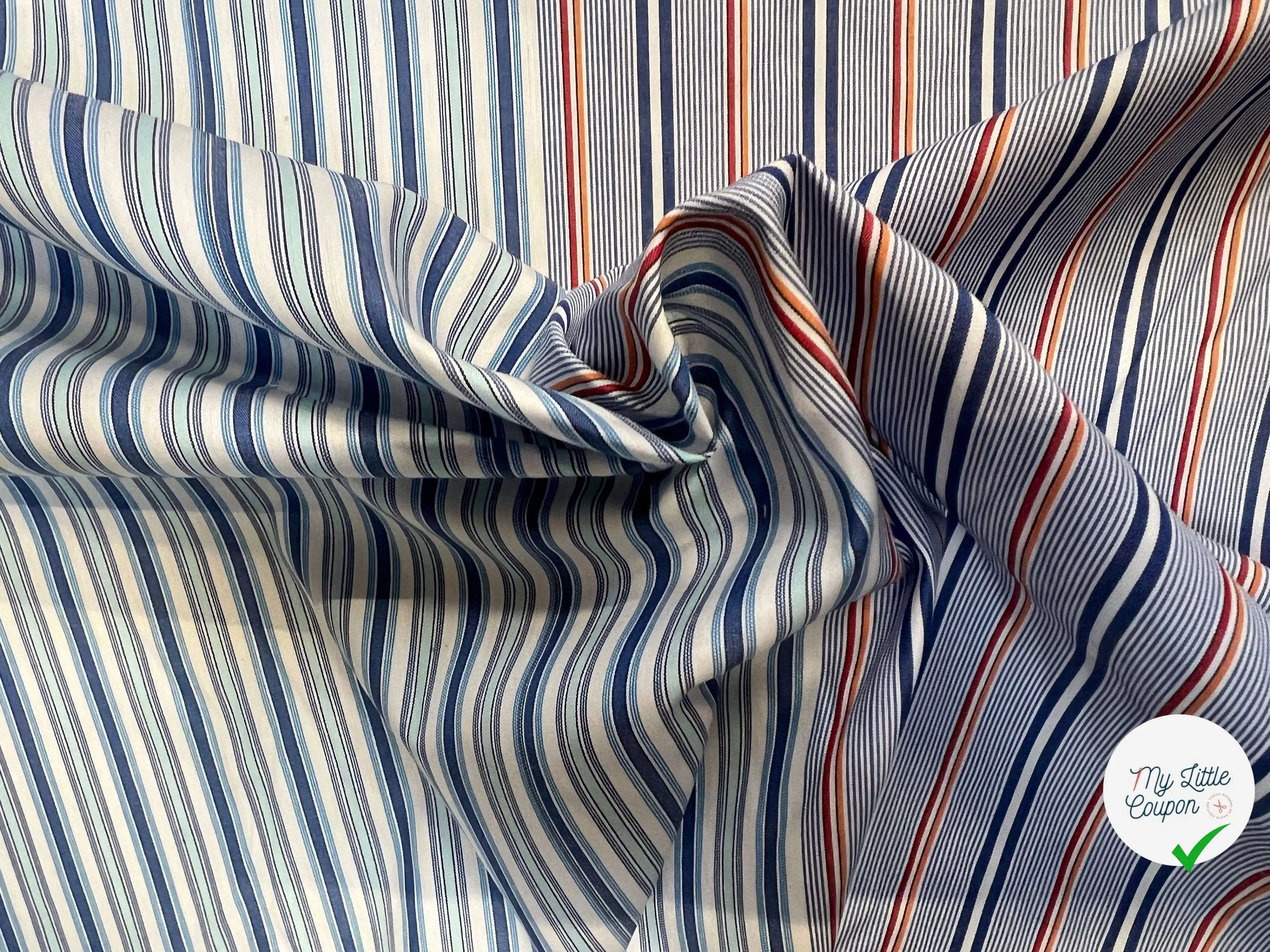 POPELINE DE COTON BICOLORE À RAYURES BLEU/ BLEU THÉ BLANC ET ROUGE/ ORANGE - My Little Coupon