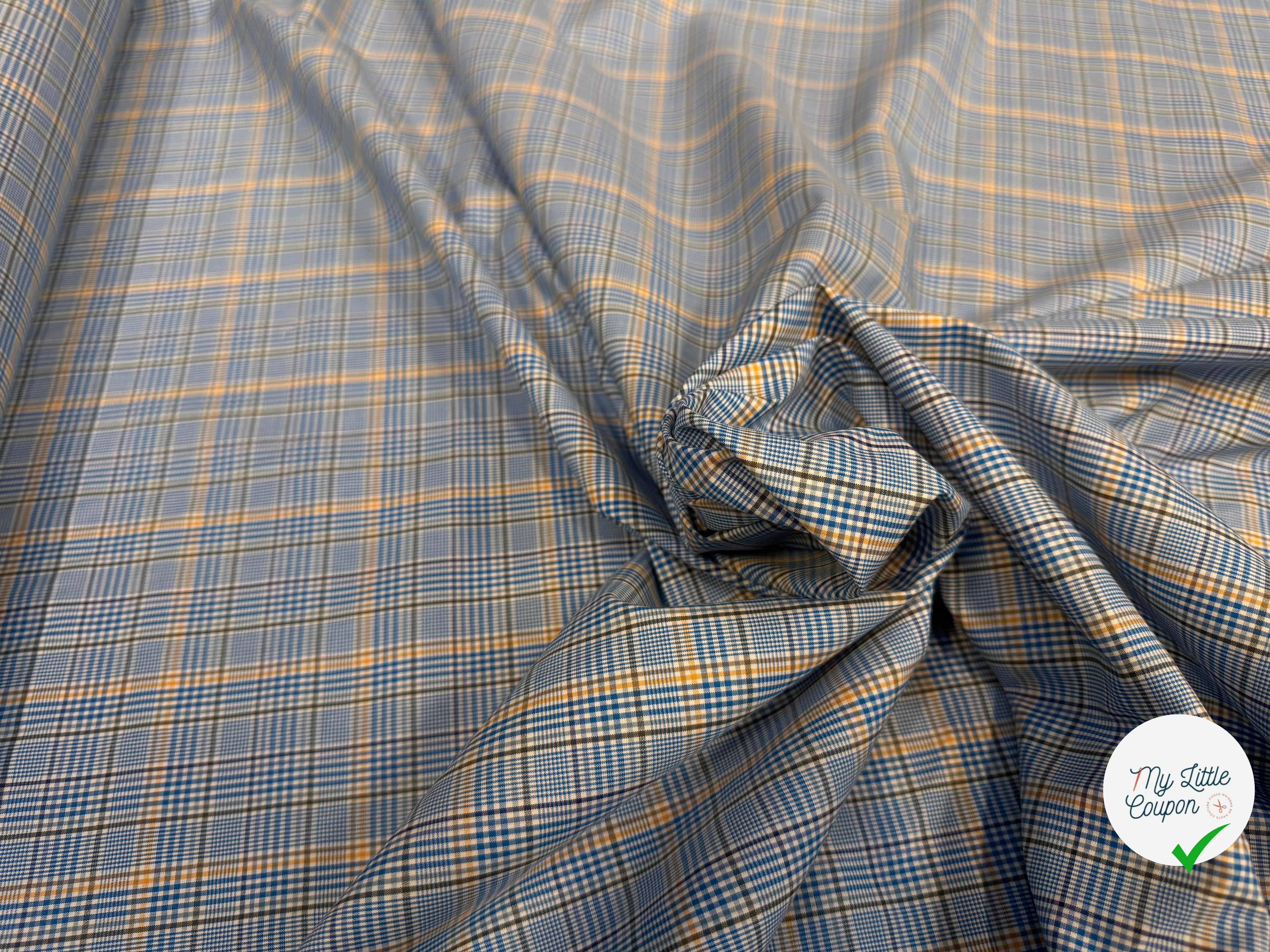 POPELINE DE COTON CARREAUX ELEGANCE DE JAUNE & BLEU - My Little Coupon