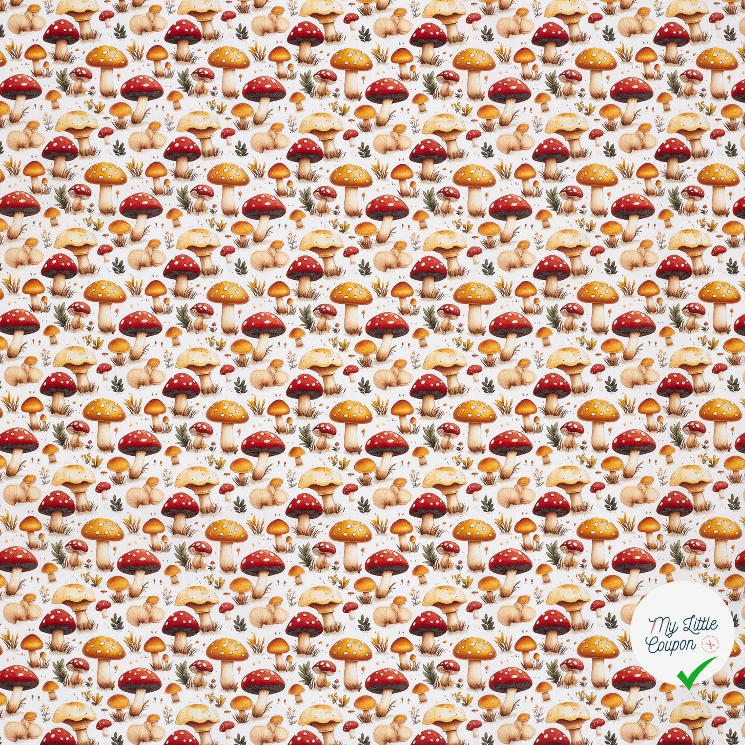 POPELINE DE COTON CHAMPIGNONS FOND BLANC - My Little Coupon
