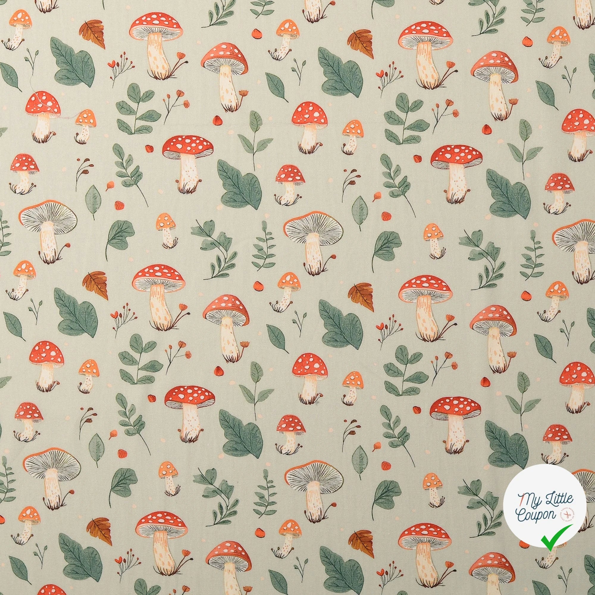 POPELINE DE COTON CHAMPIGNONS VERT - My Little Coupon