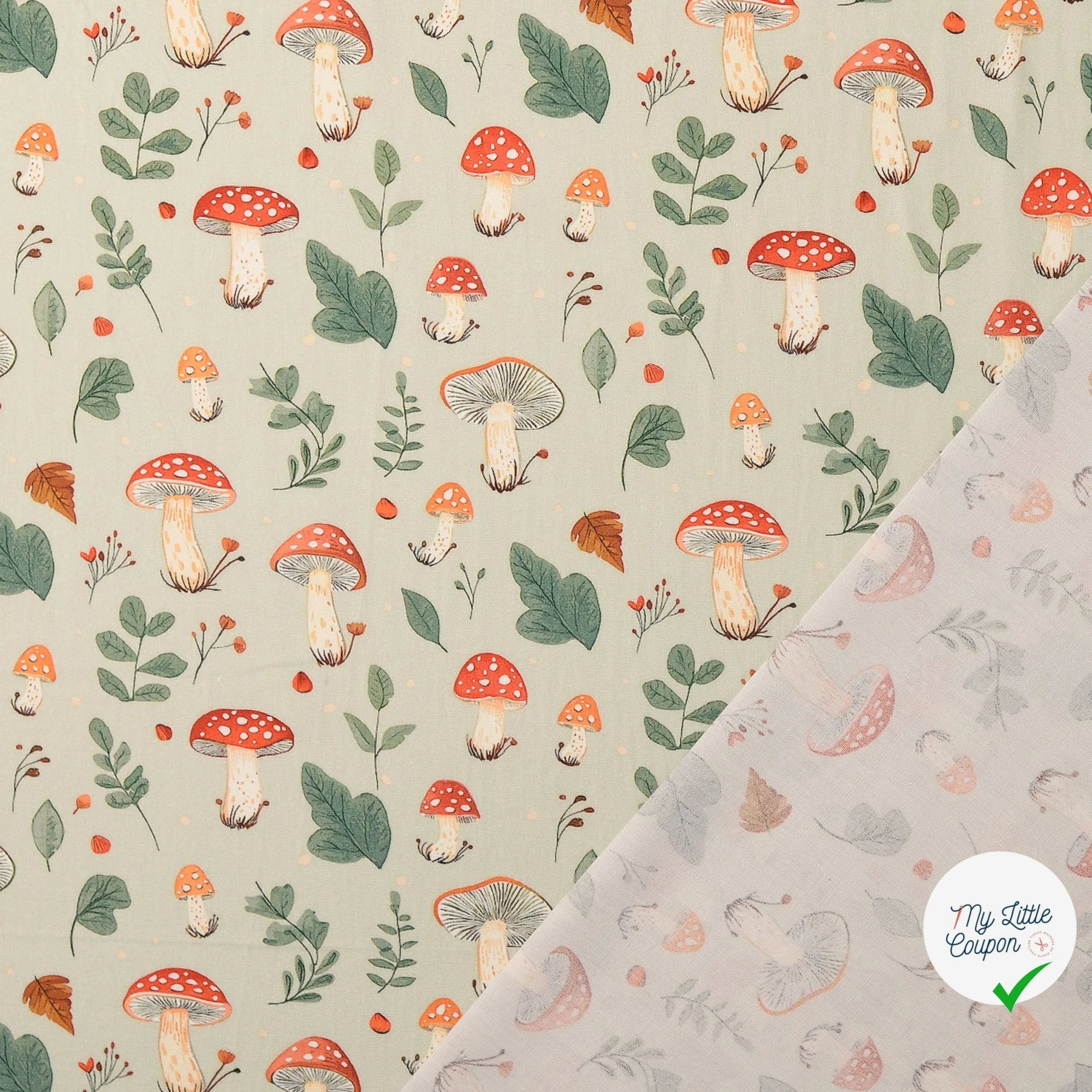 POPELINE DE COTON CHAMPIGNONS VERT - My Little Coupon