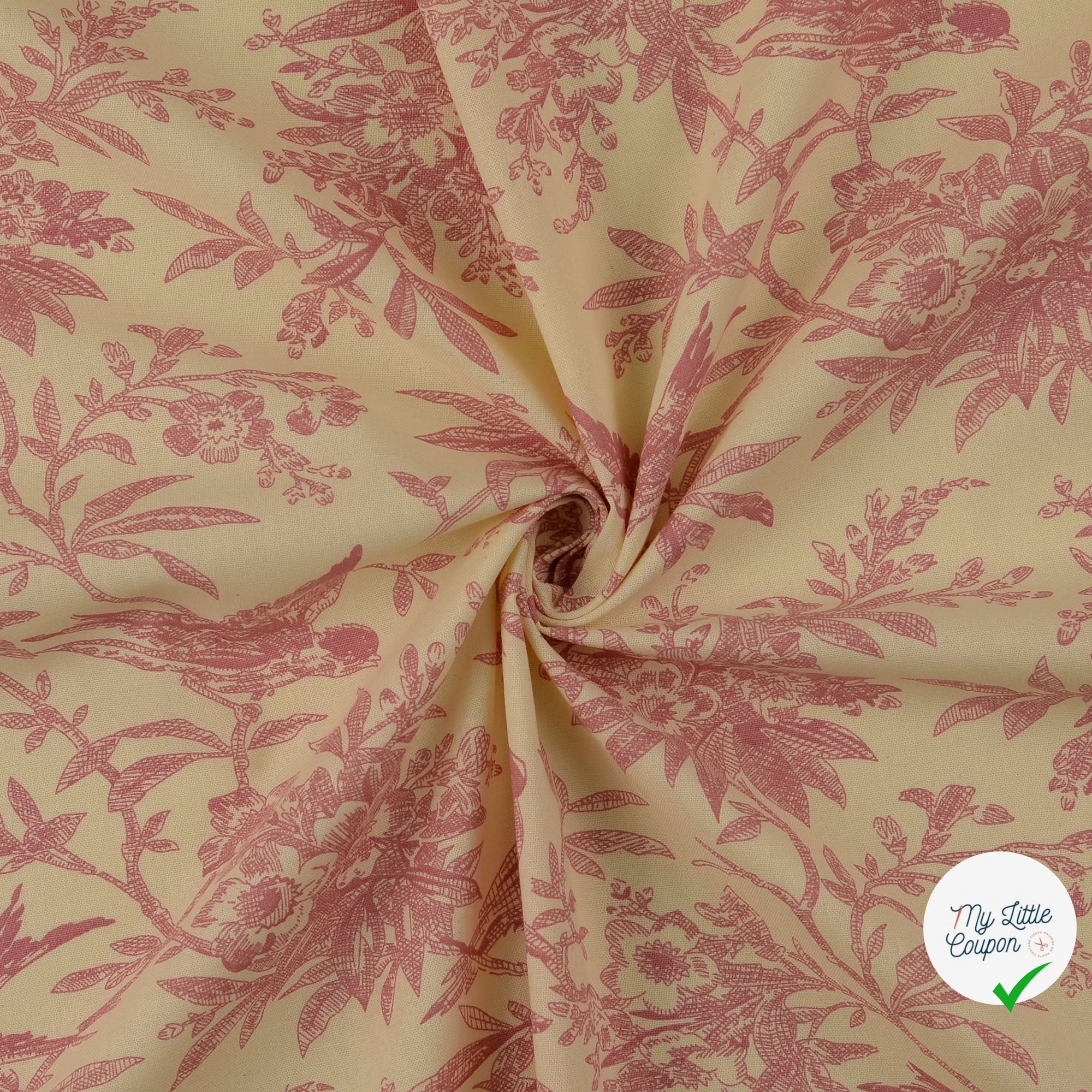POPELINE DE COTON FEUILLES VIEUX ROSE - My Little Coupon