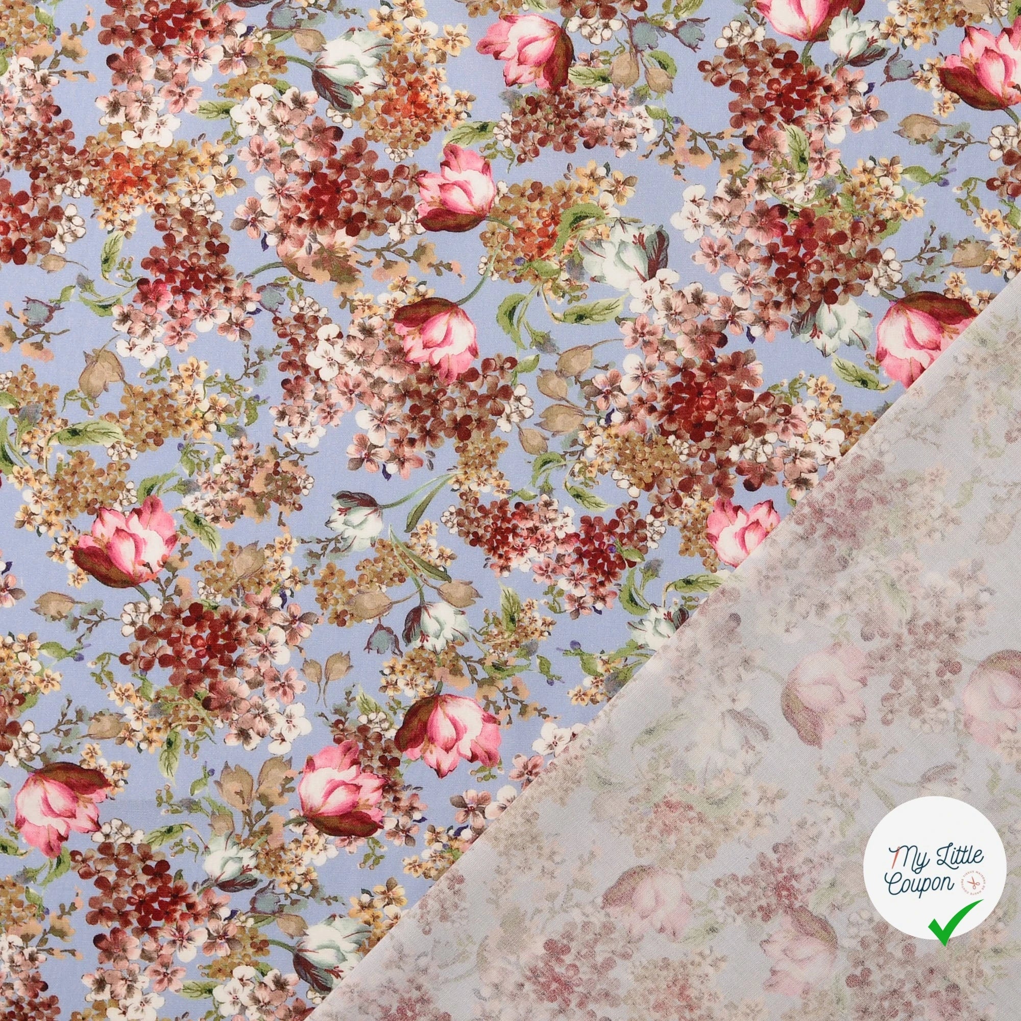 POPELINE DE COTON FLEURS FOND BLEU BÉBÉ - My Little Coupon