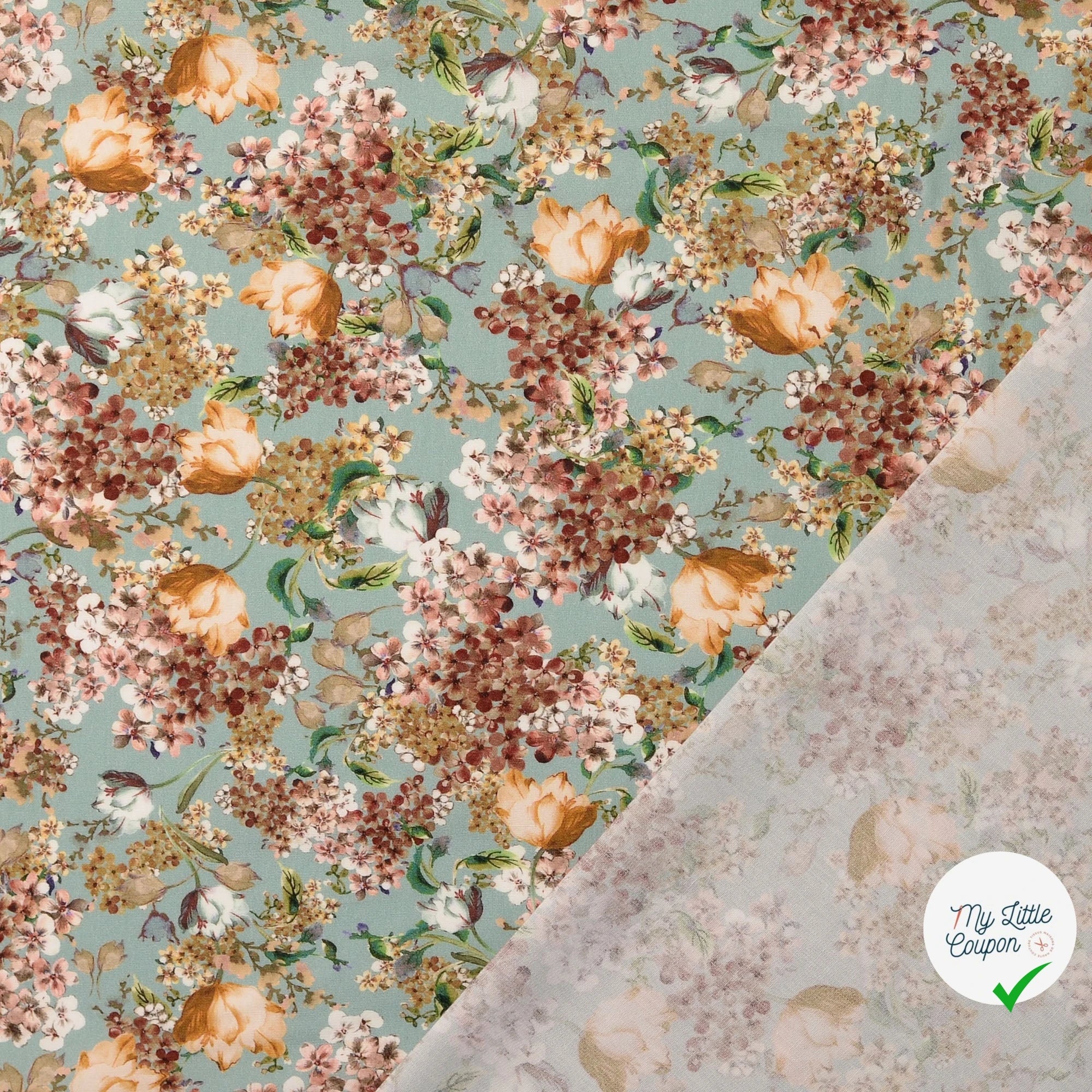 POPELINE DE COTON FLEURS FOND MENTHE - My Little Coupon
