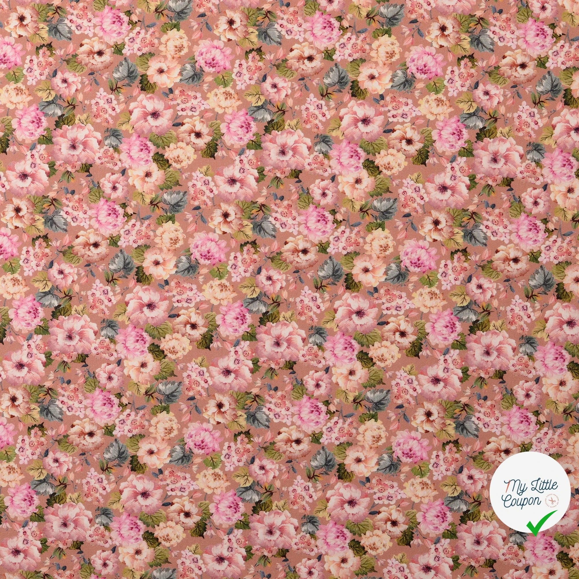 POPELINE DE COTON FLEURS FOND VIEUX ROSE - My Little Coupon