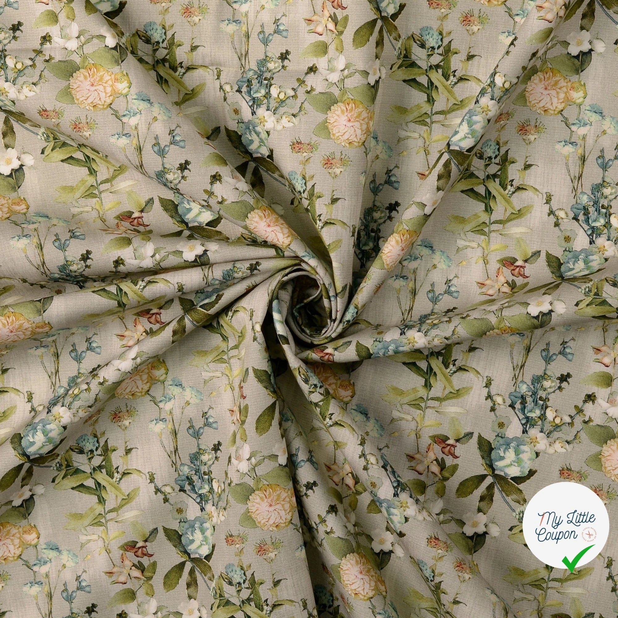 POPELINE DE COTON FLEURS VERT-GRIS - My Little Coupon