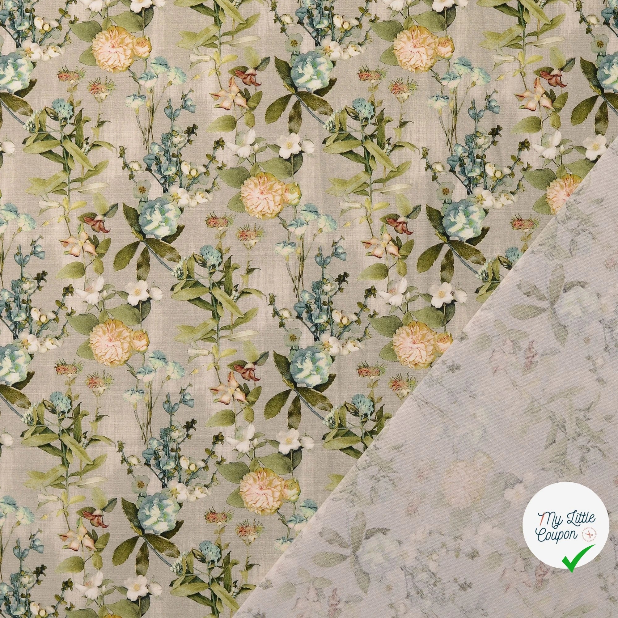 POPELINE DE COTON FLEURS VERT-GRIS - My Little Coupon
